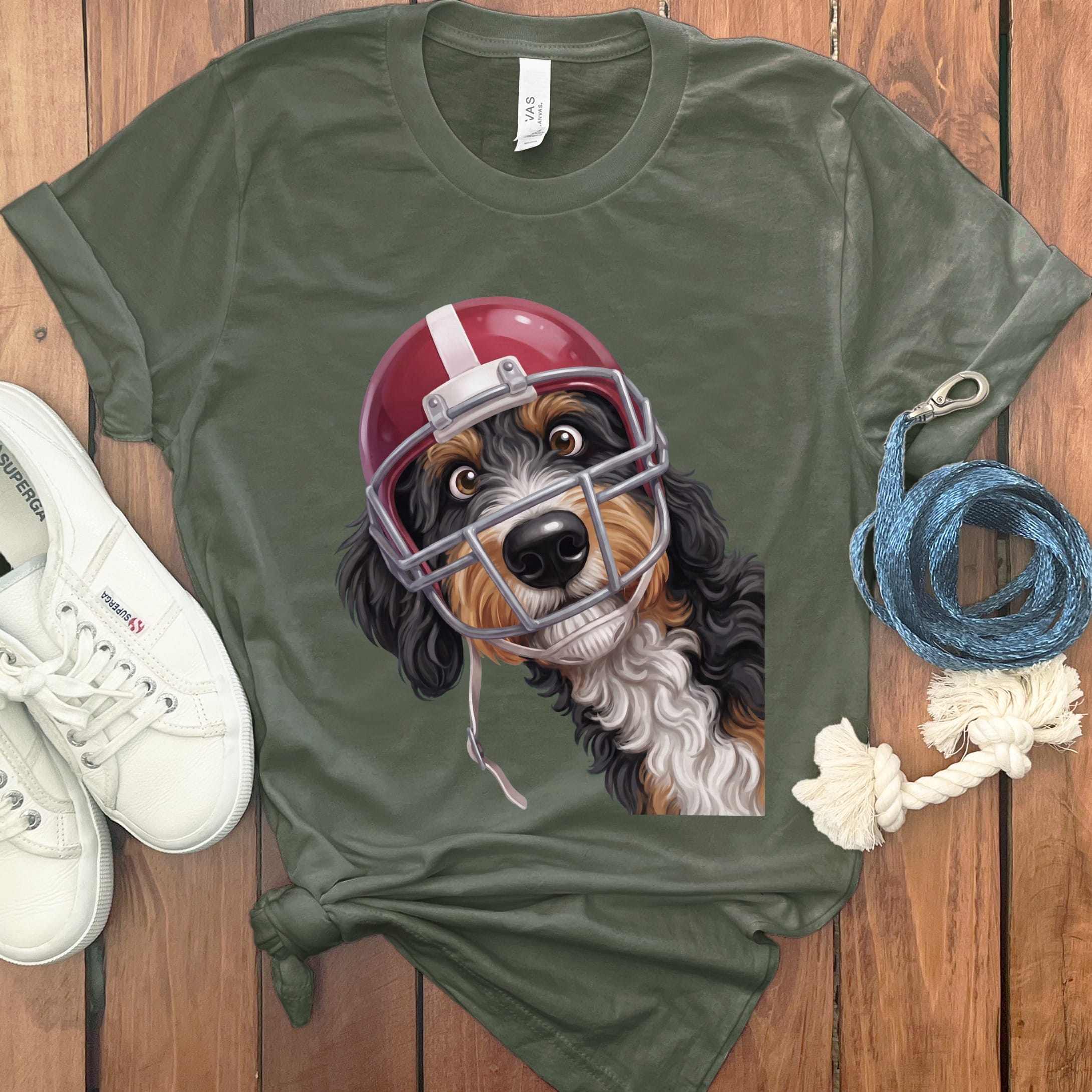 Bernedoodle Football Helmet T-Shirt in Military Green / S by Puppy Jo