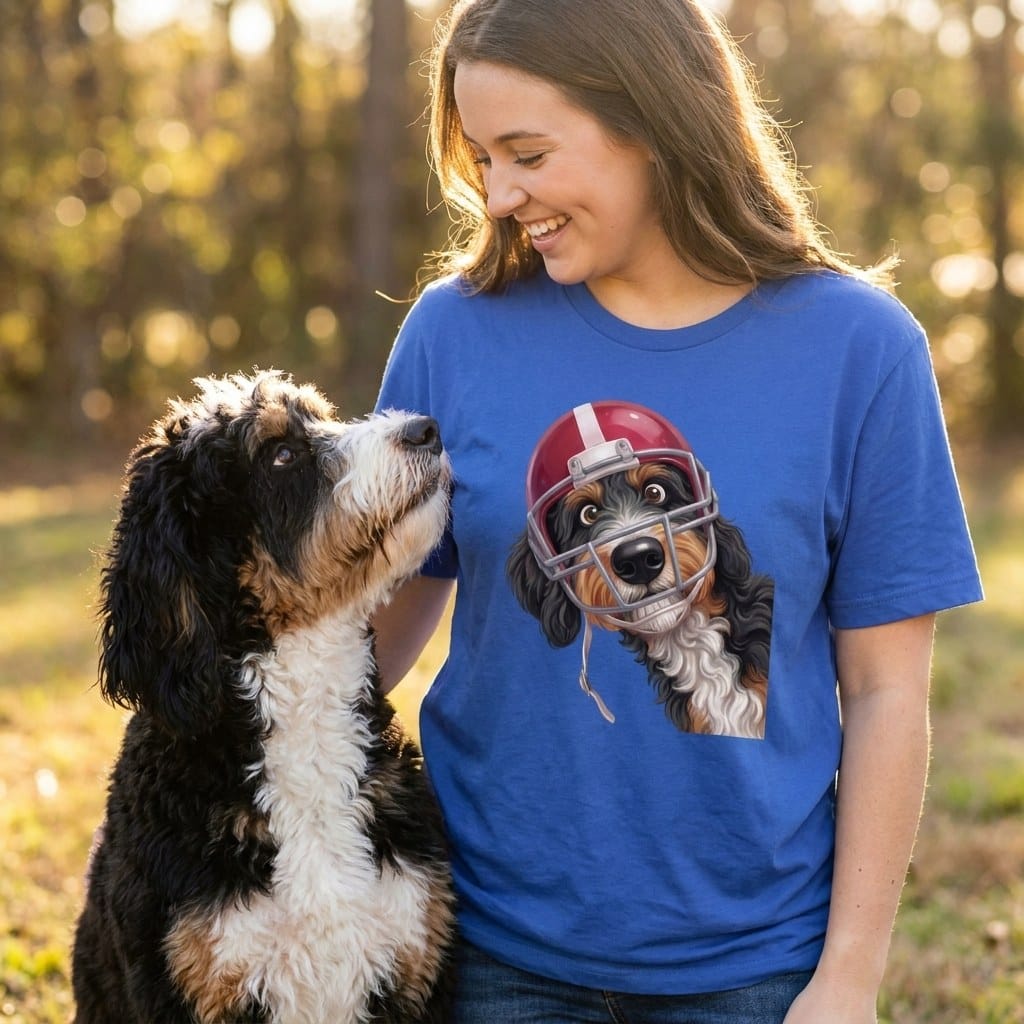 Bernedoodle Football Helmet T-Shirt in by Puppy Jo