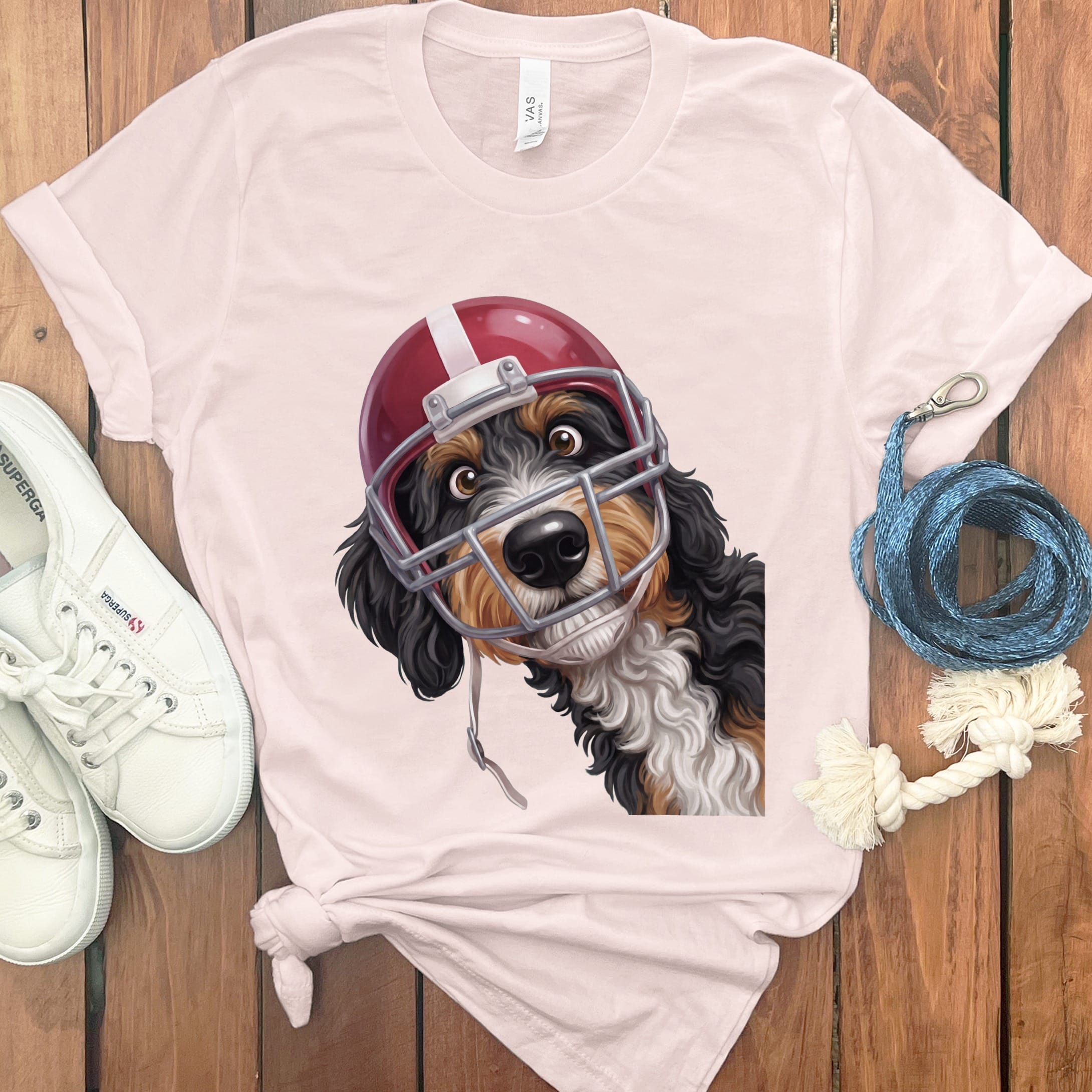 Bernedoodle Football Helmet T-Shirt in Soft Pink / S by Puppy Jo
