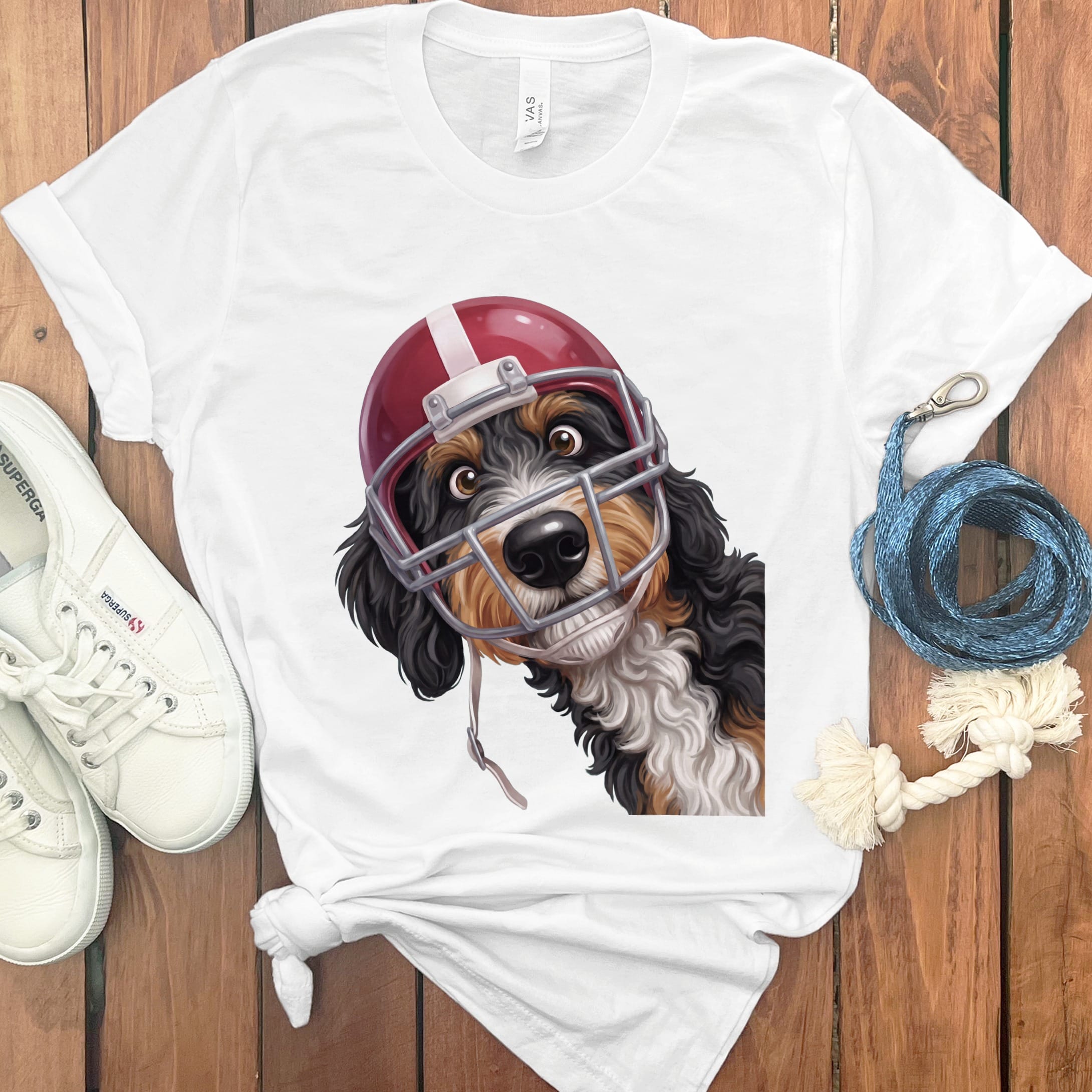 Bernedoodle Football Helmet T-Shirt in White / S by Puppy Jo