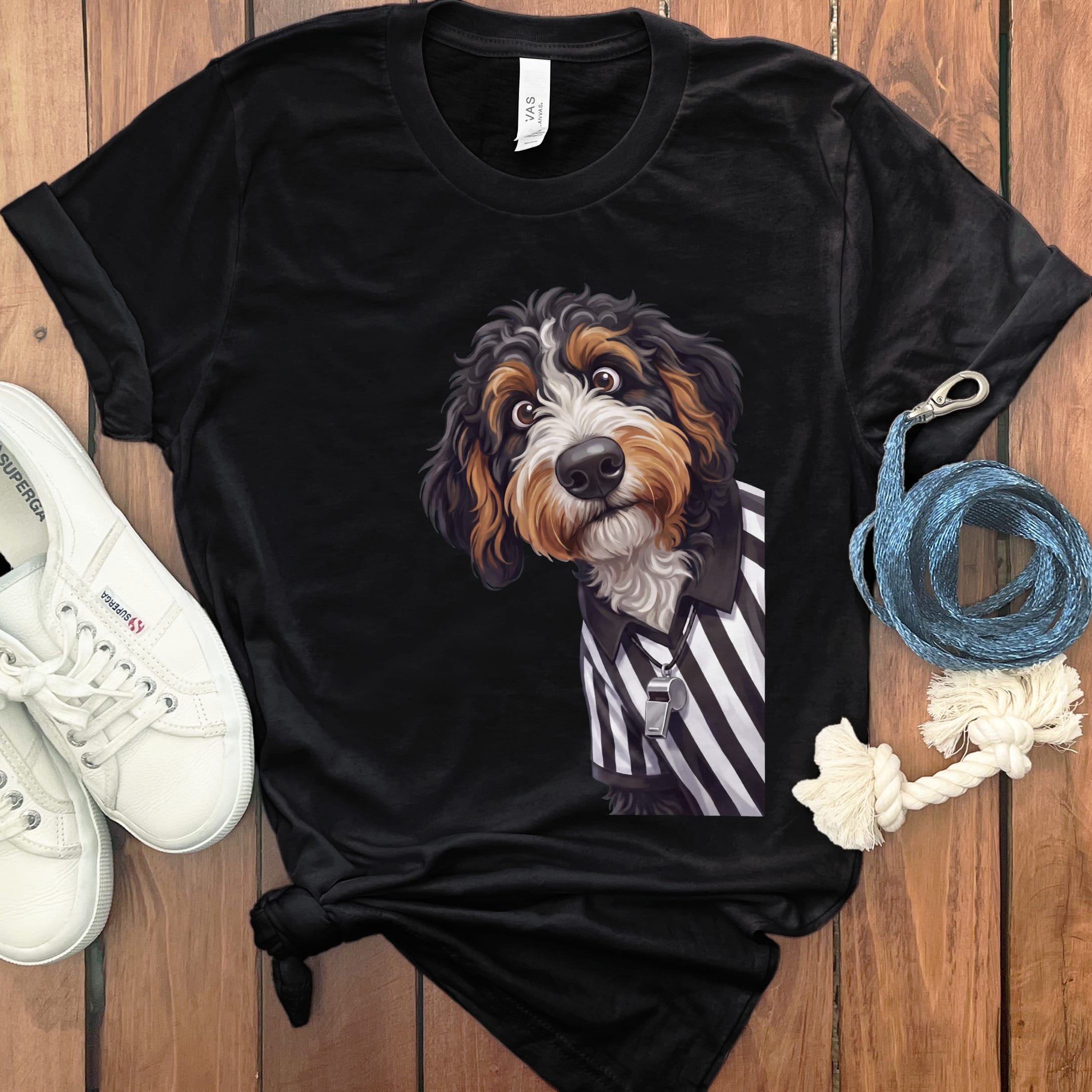 Bernedoodle Football Referee T-Shirt in Black / S by Puppy Jo