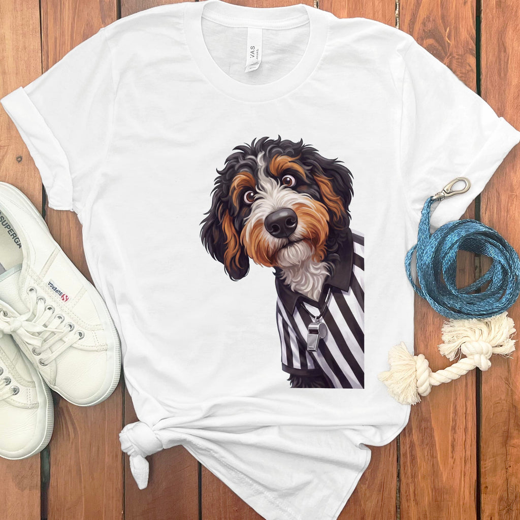 Bernedoodle Football Referee T-Shirt in White / S by Puppy Jo