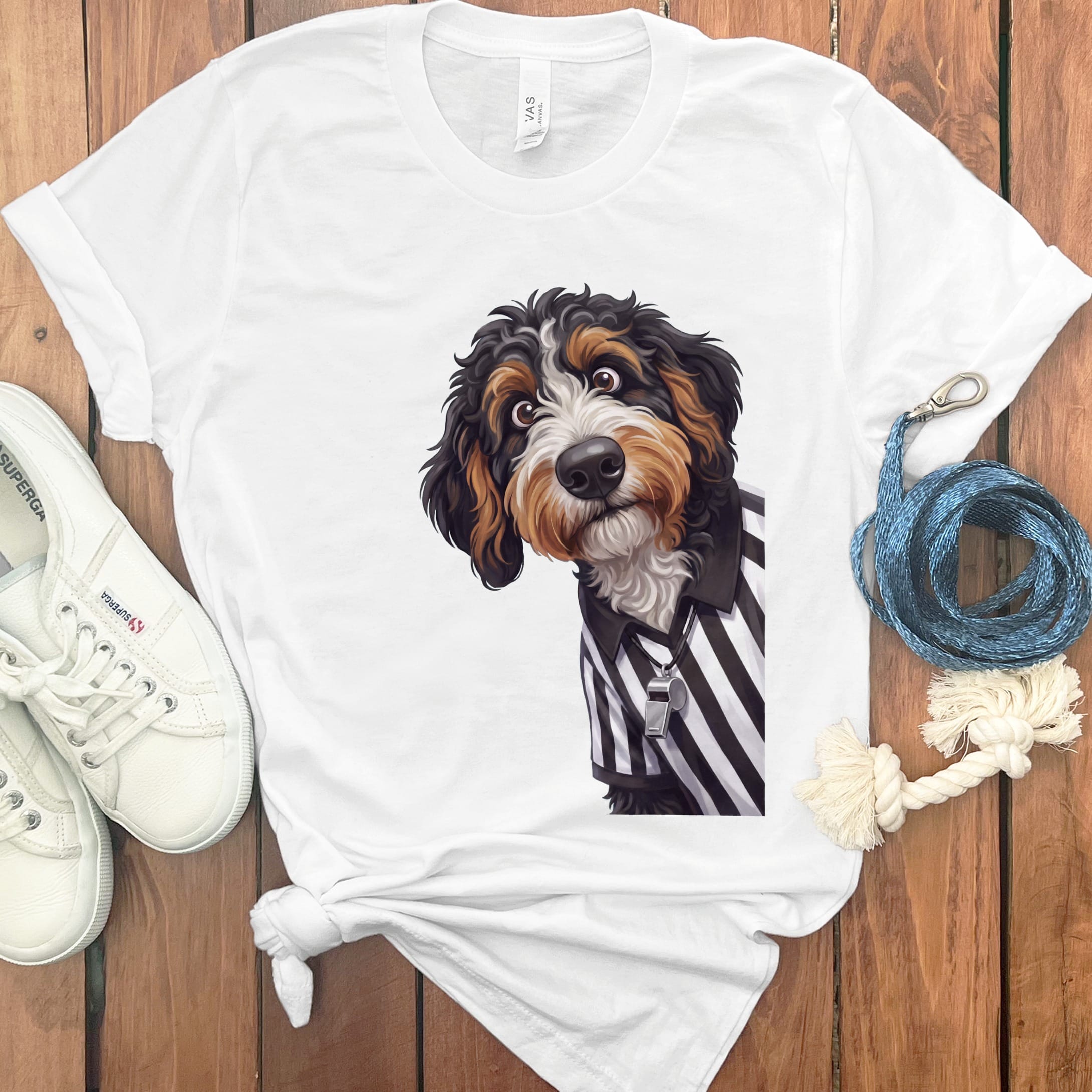 Bernedoodle Football Referee T-Shirt in White / S by Puppy Jo