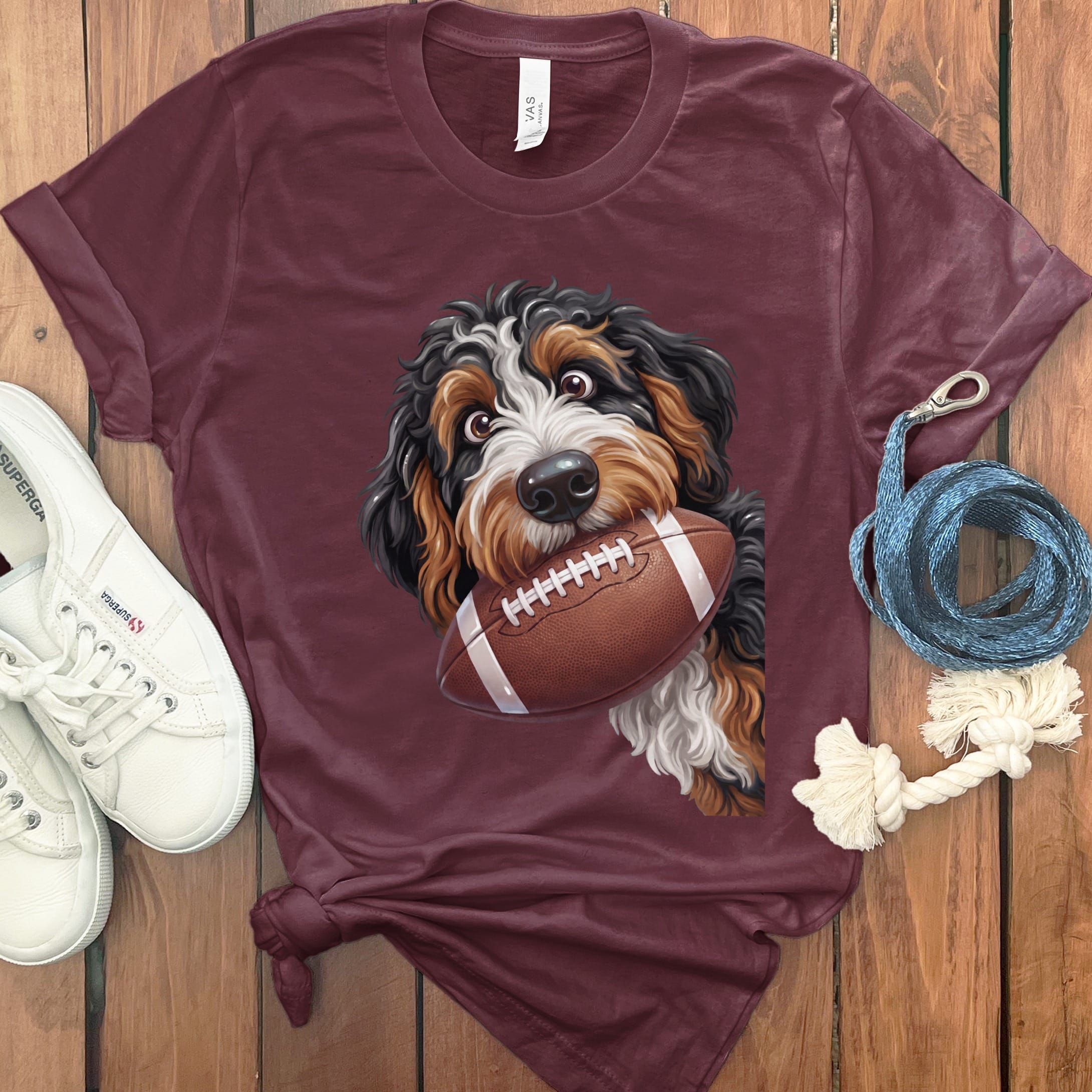 Bernedoodle Football T-Shirt in Maroon / S by Puppy Jo