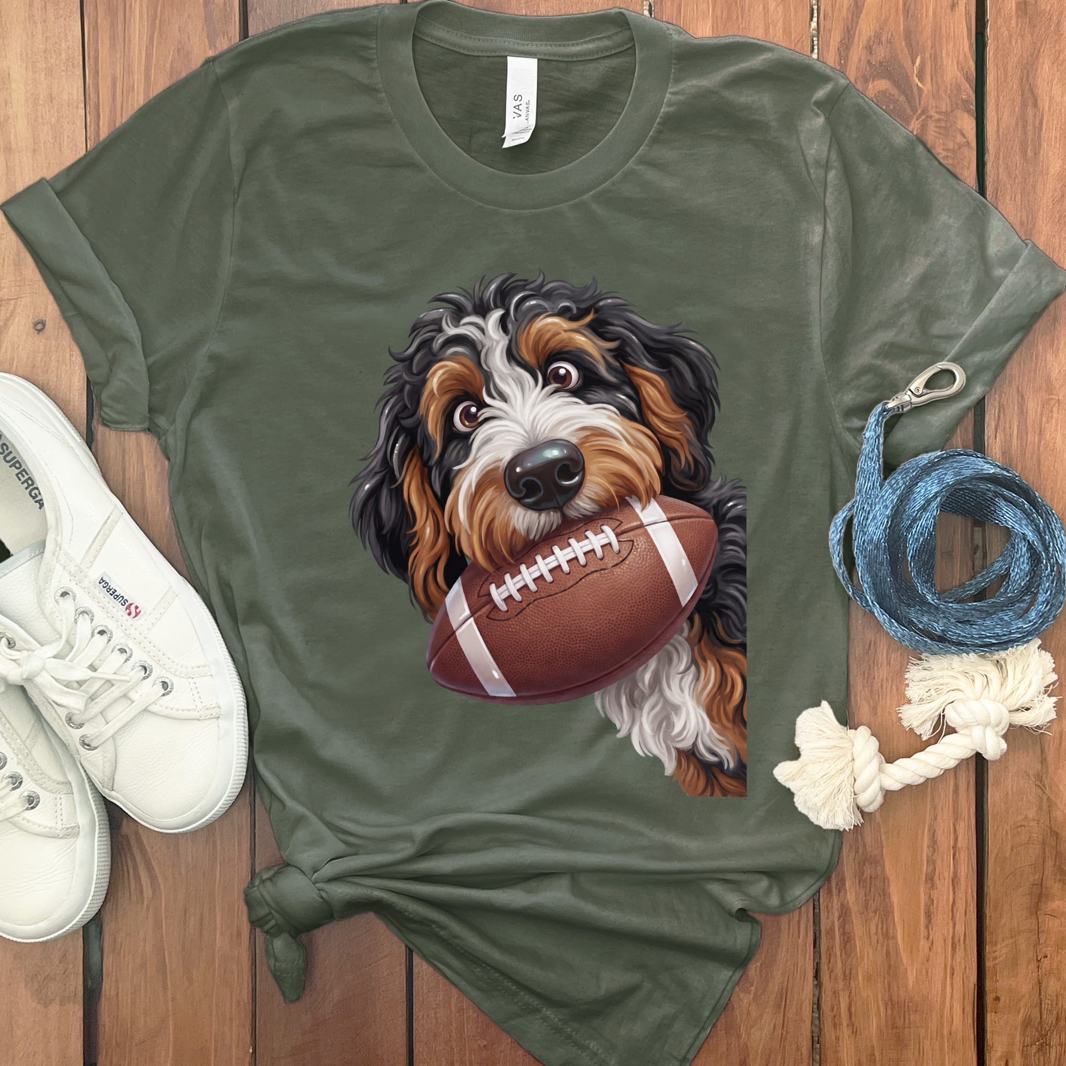 Bernedoodle Football T-Shirt in Military Green / S by Puppy Jo