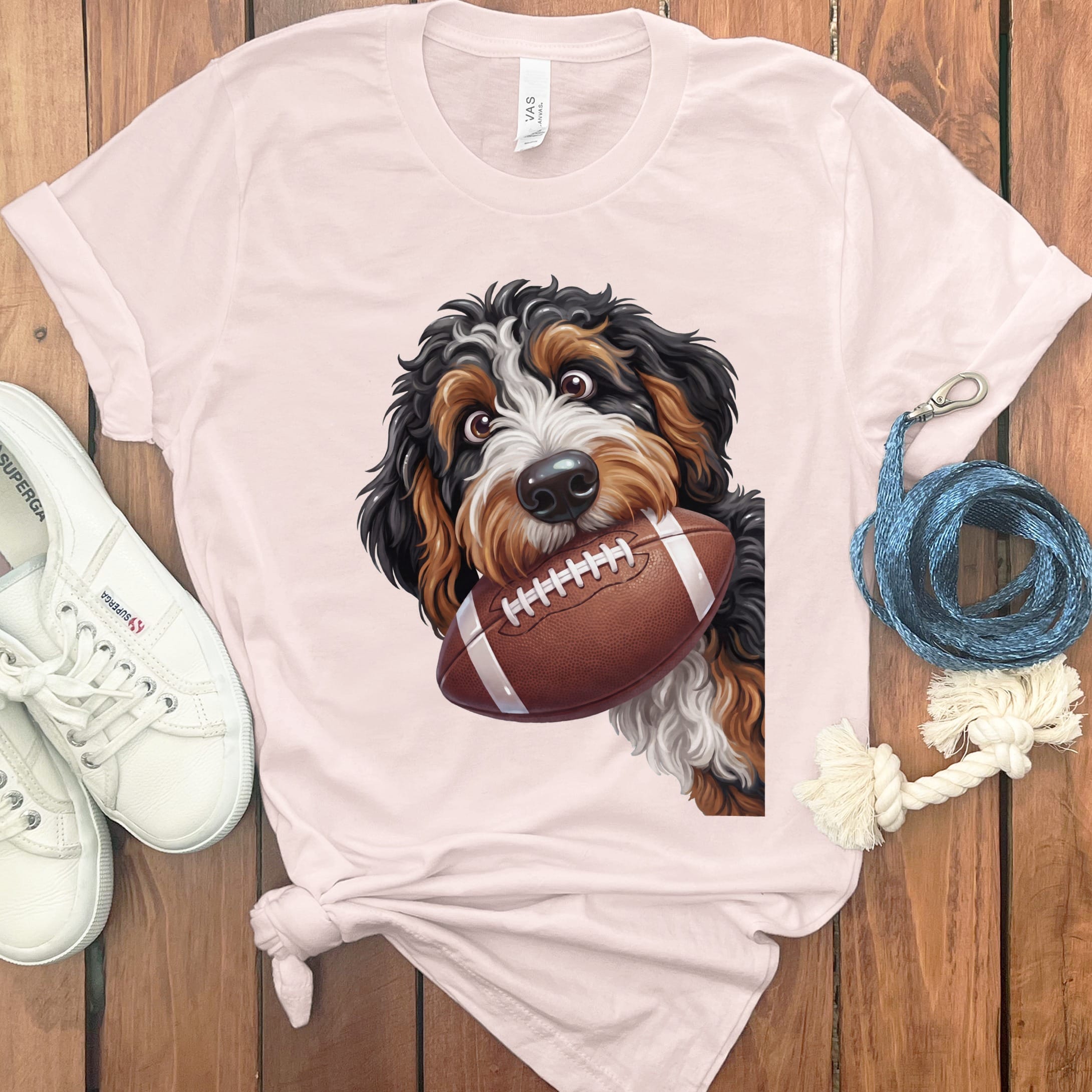 Bernedoodle Football T-Shirt in Soft Pink / S by Puppy Jo