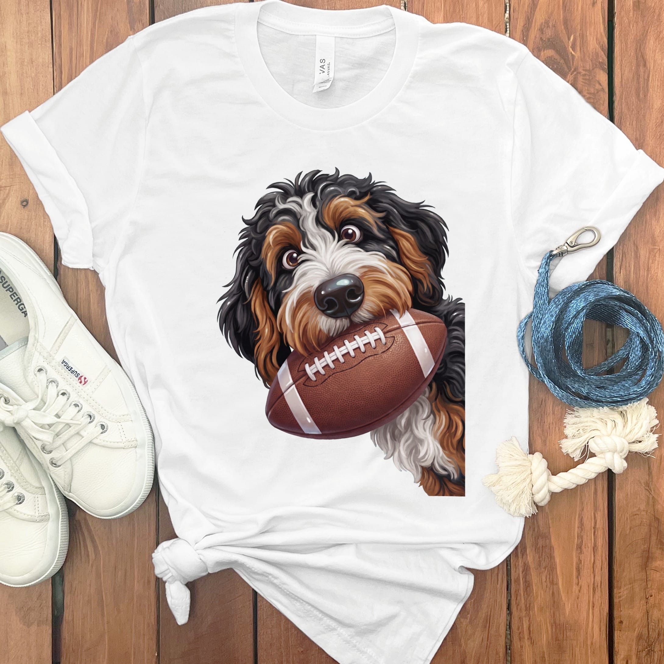 Bernedoodle Football T-Shirt in White / S by Puppy Jo