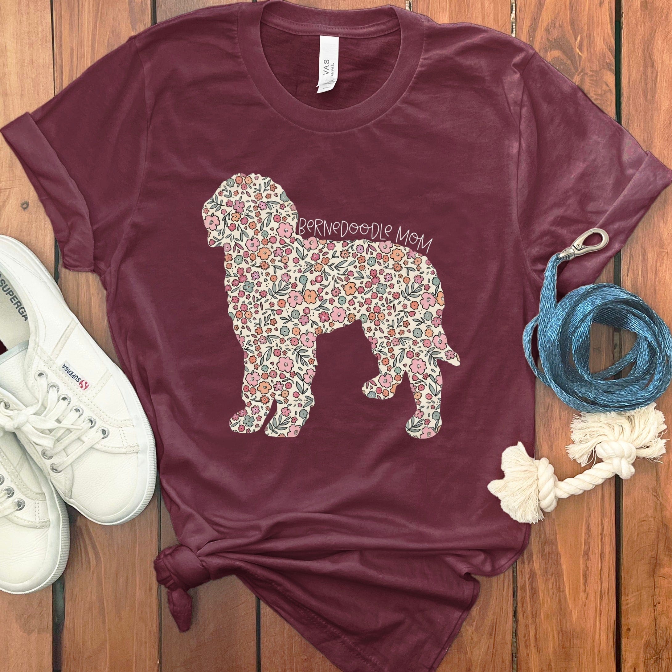Bernedoodle Frame Floral T-Shirt in Maroon / S by Puppy Jo