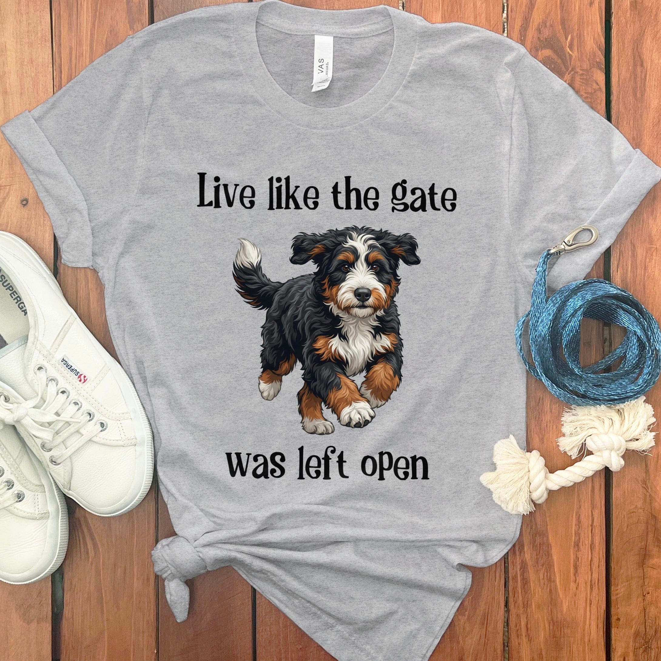 Bernedoodle Gate Open T-Shirt in Athletic Heather / S by Puppy Jo