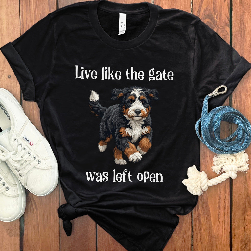 Bernedoodle Gate Open T-Shirt in Black / S by Puppy Jo