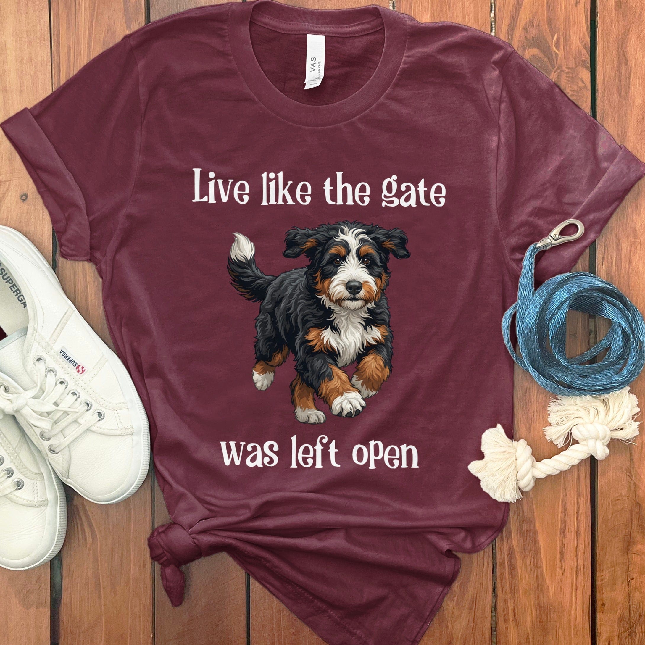 Bernedoodle Gate Open T-Shirt in Maroon / S by Puppy Jo