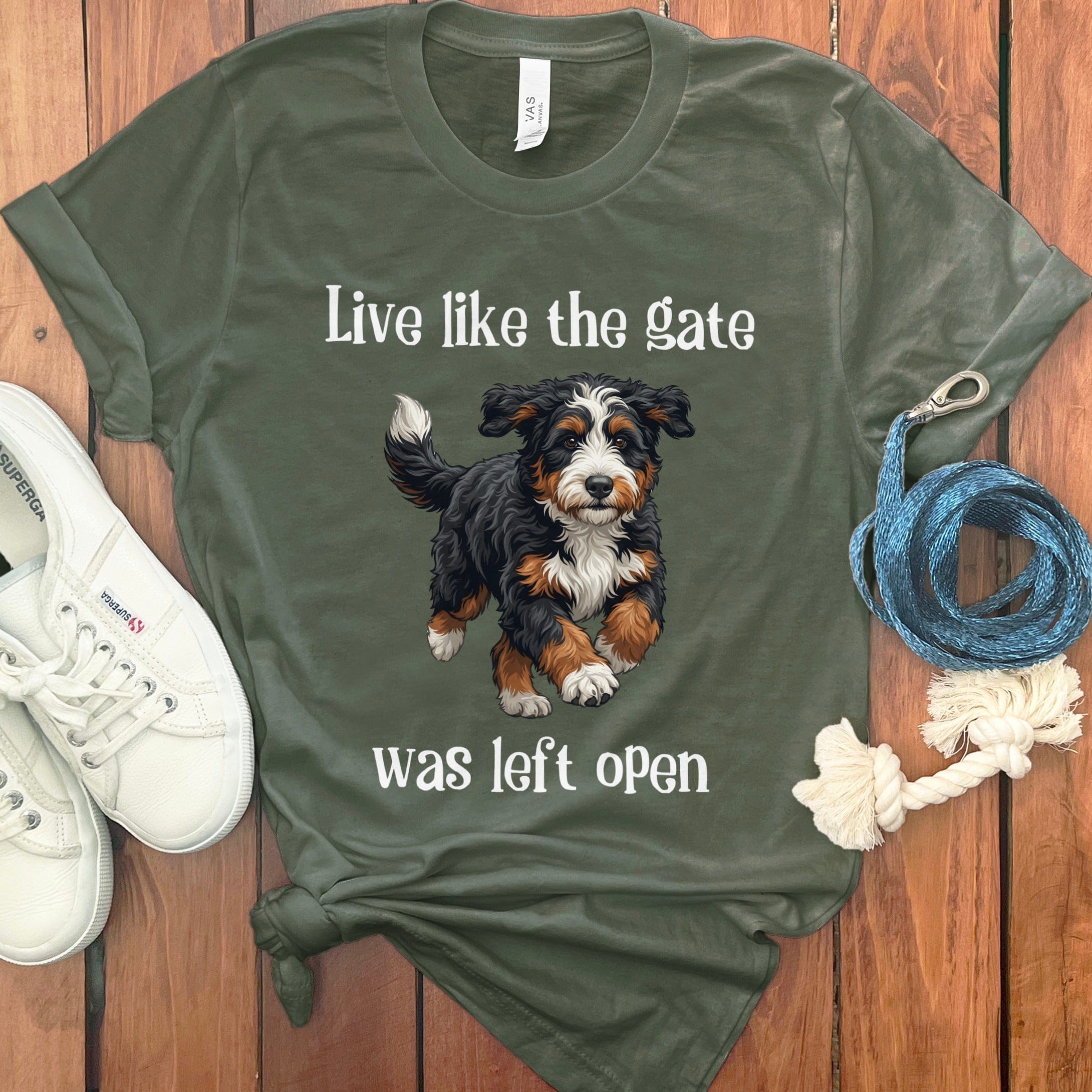 Bernedoodle Gate Open T-Shirt in Military Green / S by Puppy Jo