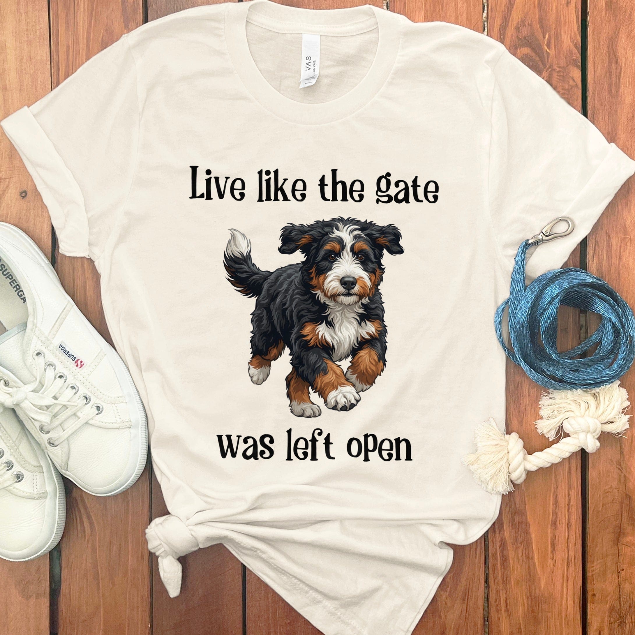 Bernedoodle Gate Open T-Shirt in Natural / S by Puppy Jo