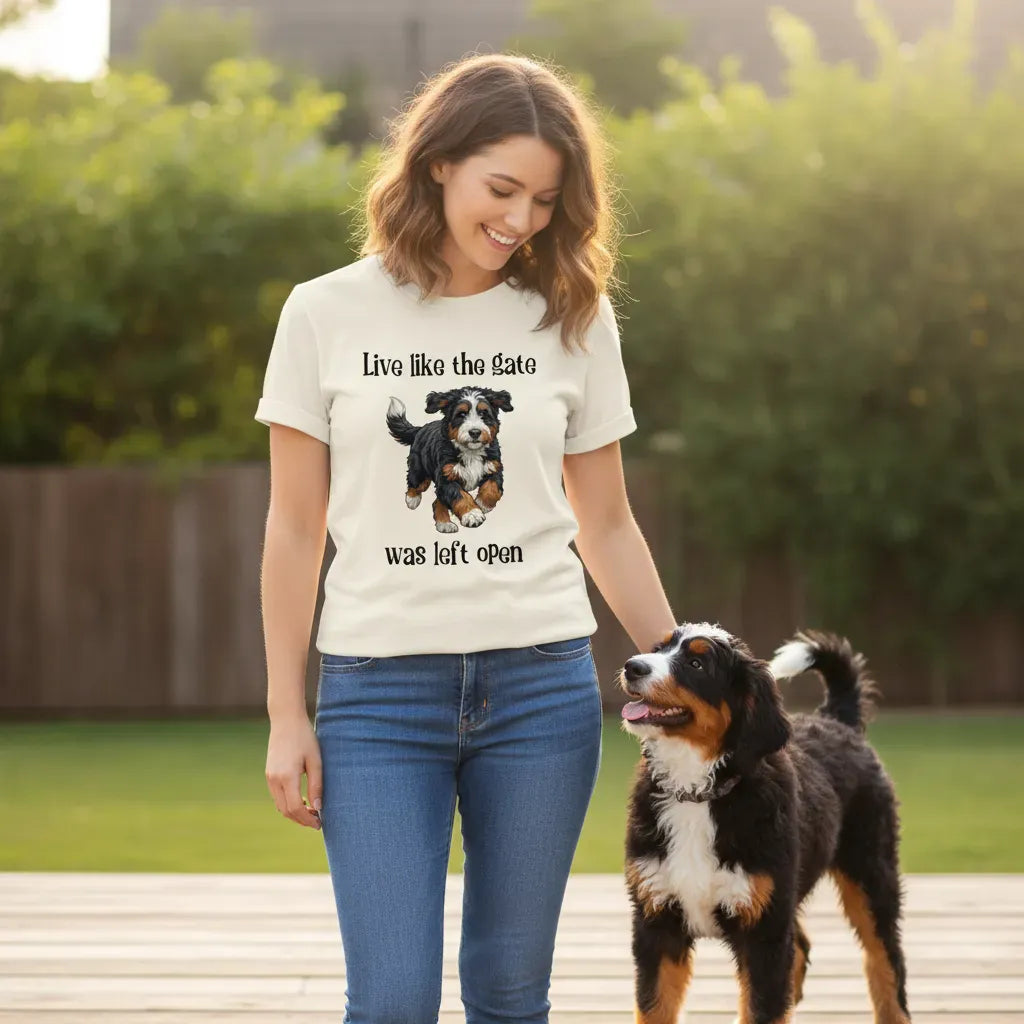 Bernedoodle Gate Open T-Shirt in by Puppy Jo
