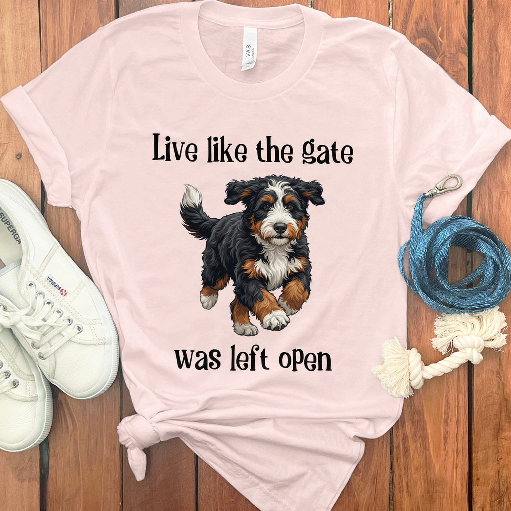 Bernedoodle Gate Open T-Shirt in Soft Pink / S by Puppy Jo