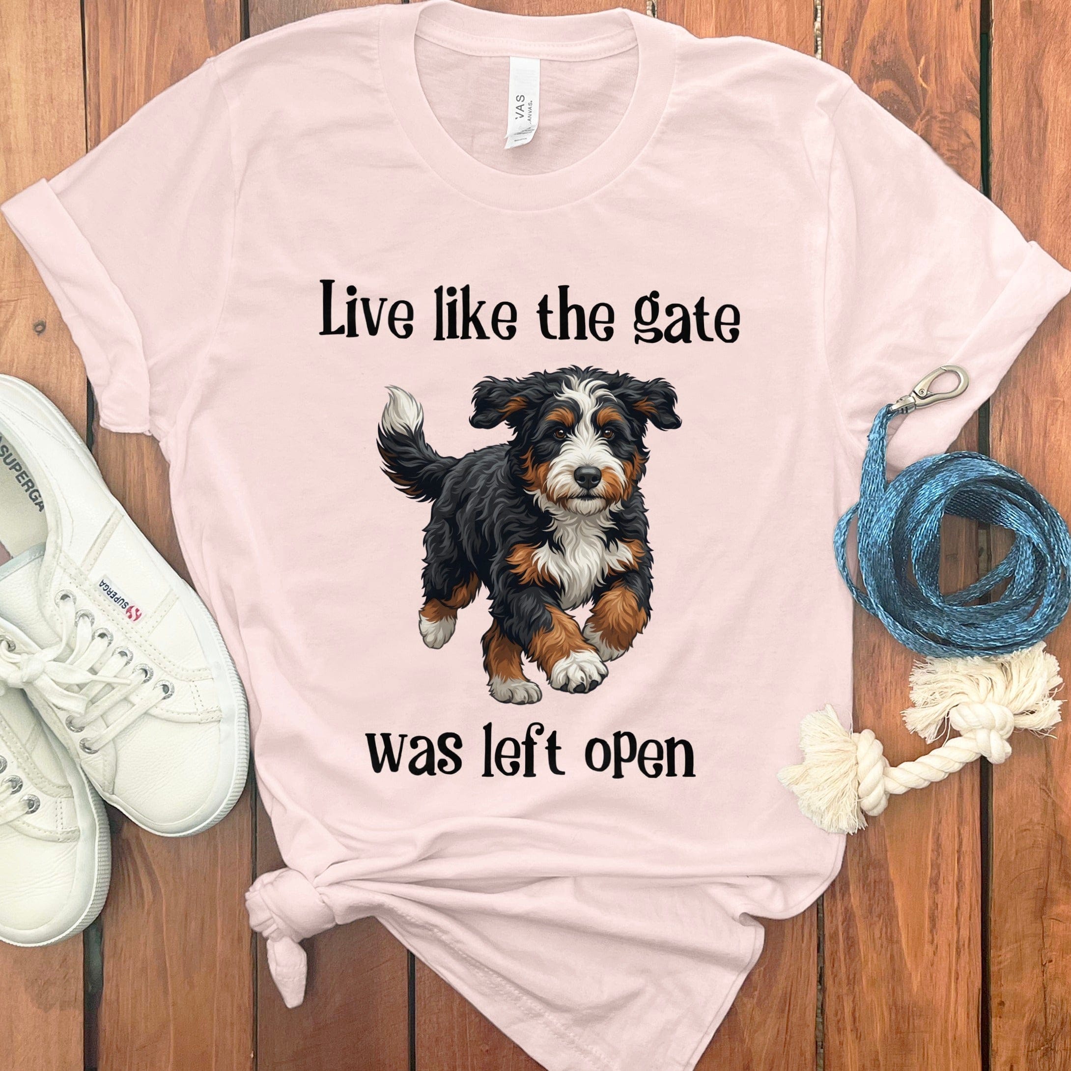 Bernedoodle Gate Open T-Shirt in Soft Pink / S by Puppy Jo