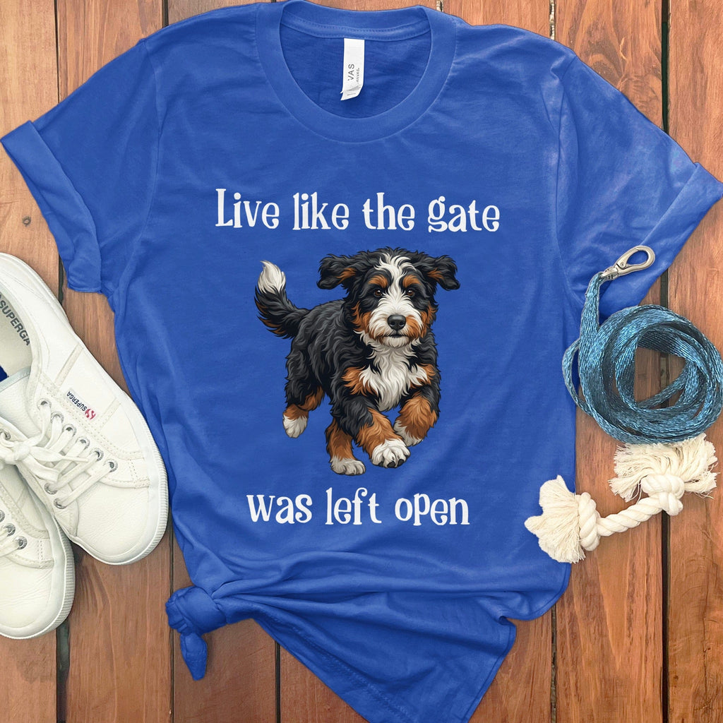 Bernedoodle Gate Open T-Shirt in True Royal / S by Puppy Jo