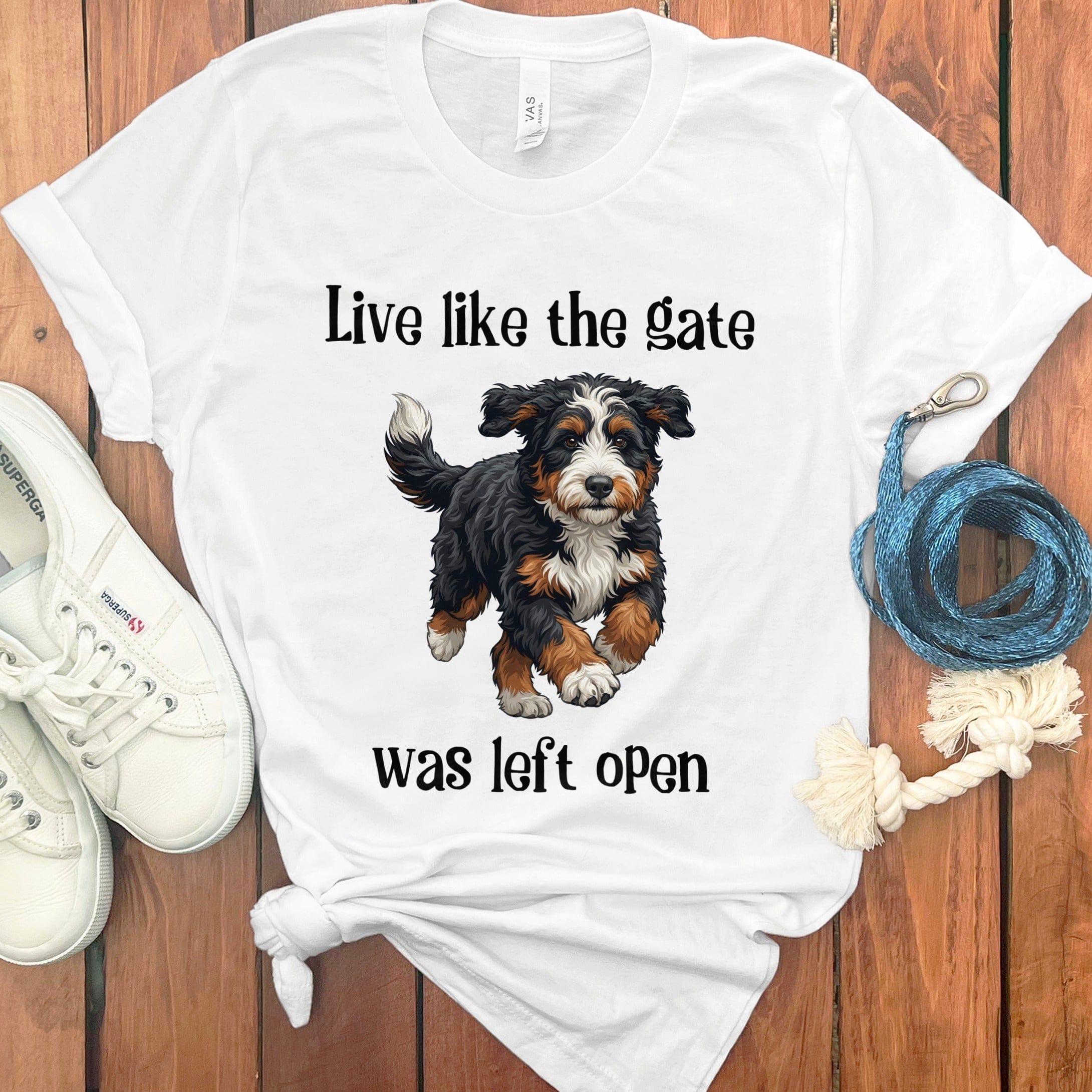 Bernedoodle Gate Open T-Shirt in White / S by Puppy Jo