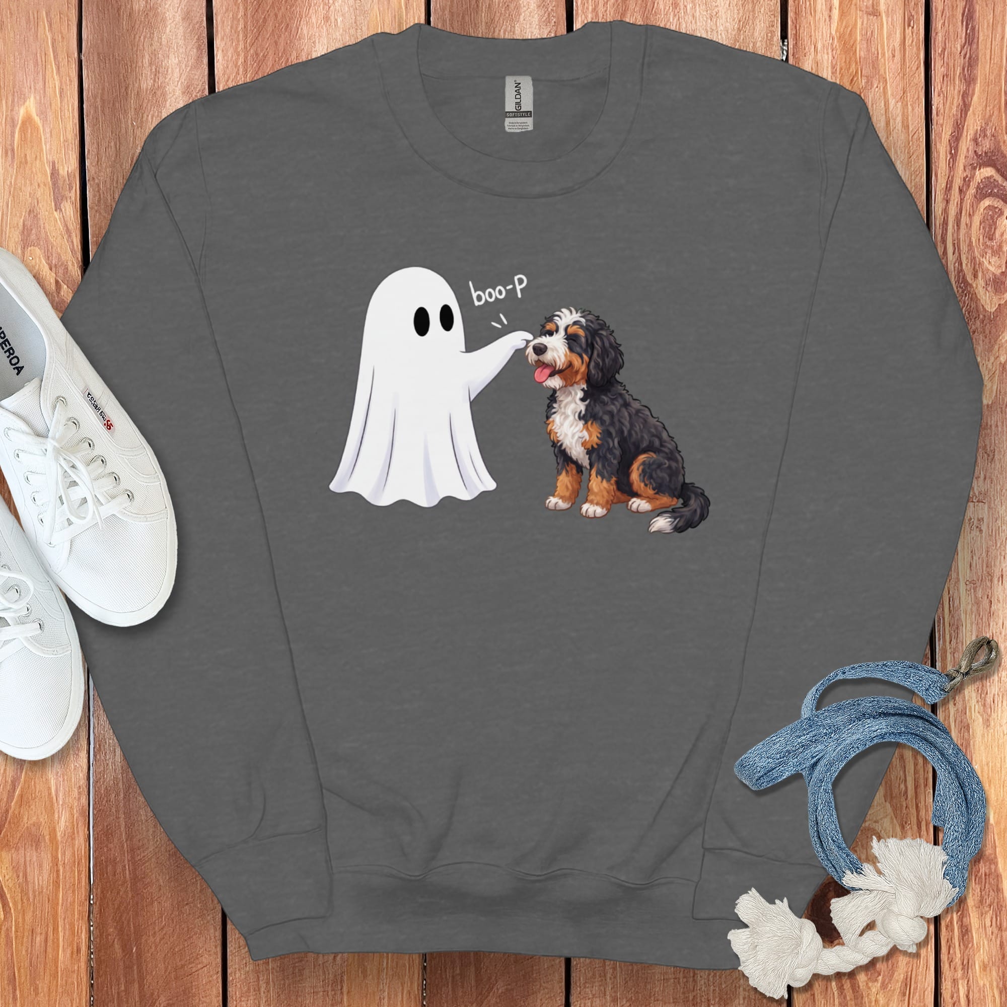 Bernedoodle Ghost Boop Sweatshirt in Dark Heather / S by Puppy Jo