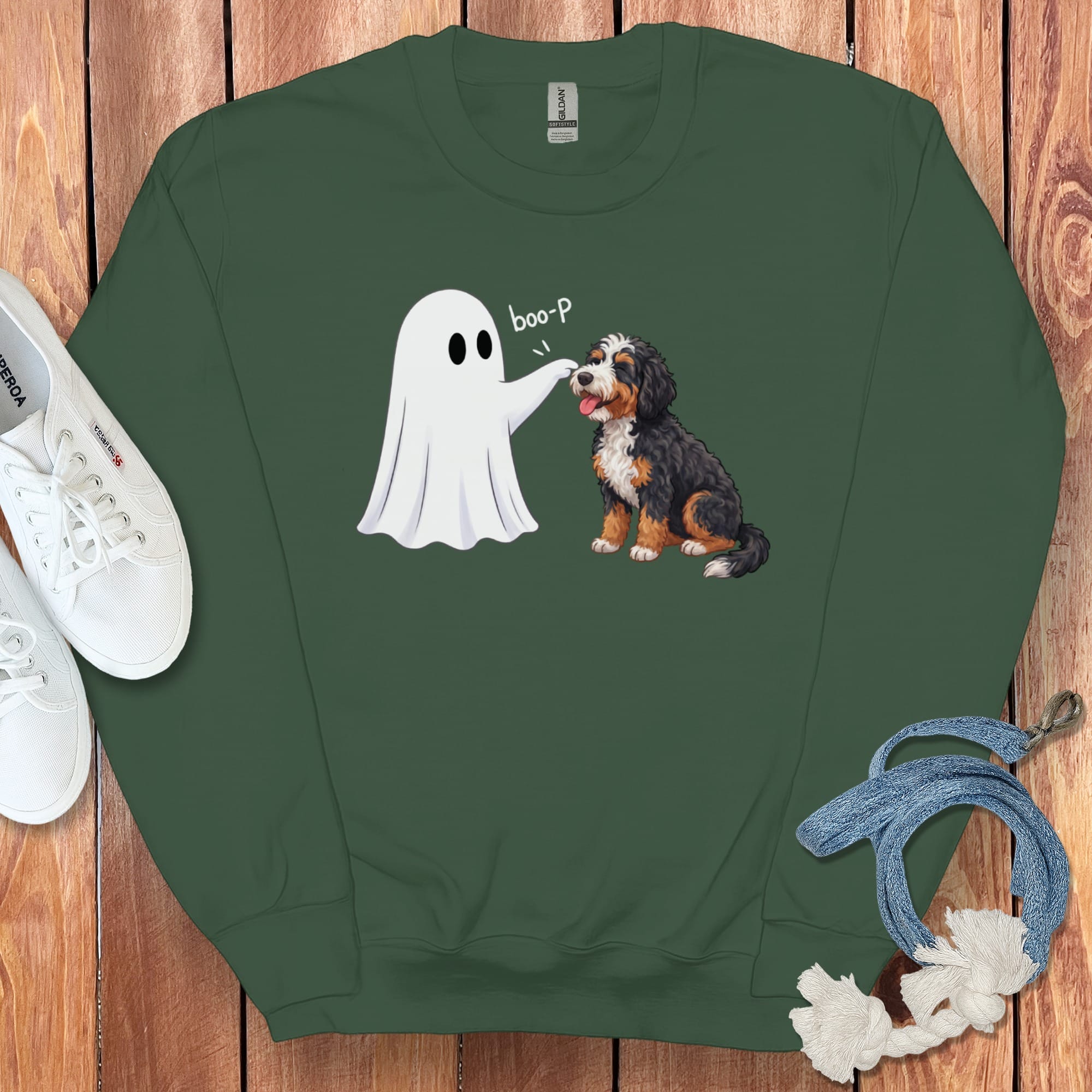 Bernedoodle Ghost Boop Sweatshirt in Forest Green / S by Puppy Jo