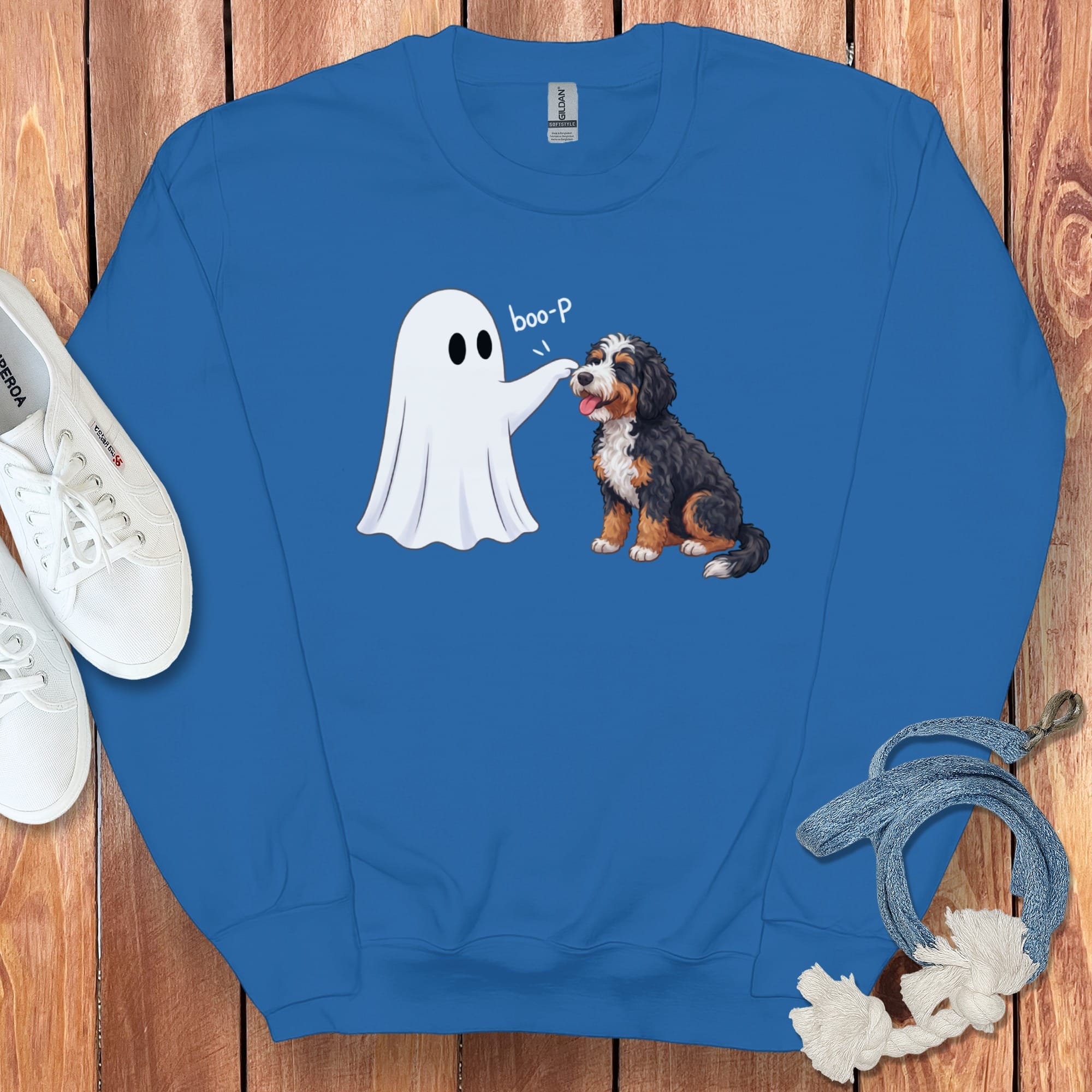 Bernedoodle Ghost Boop Sweatshirt in Royal / S by Puppy Jo