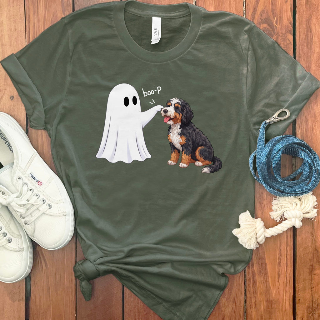 Bernedoodle Ghost Boop T-Shirt in Military Green / S by Puppy Jo
