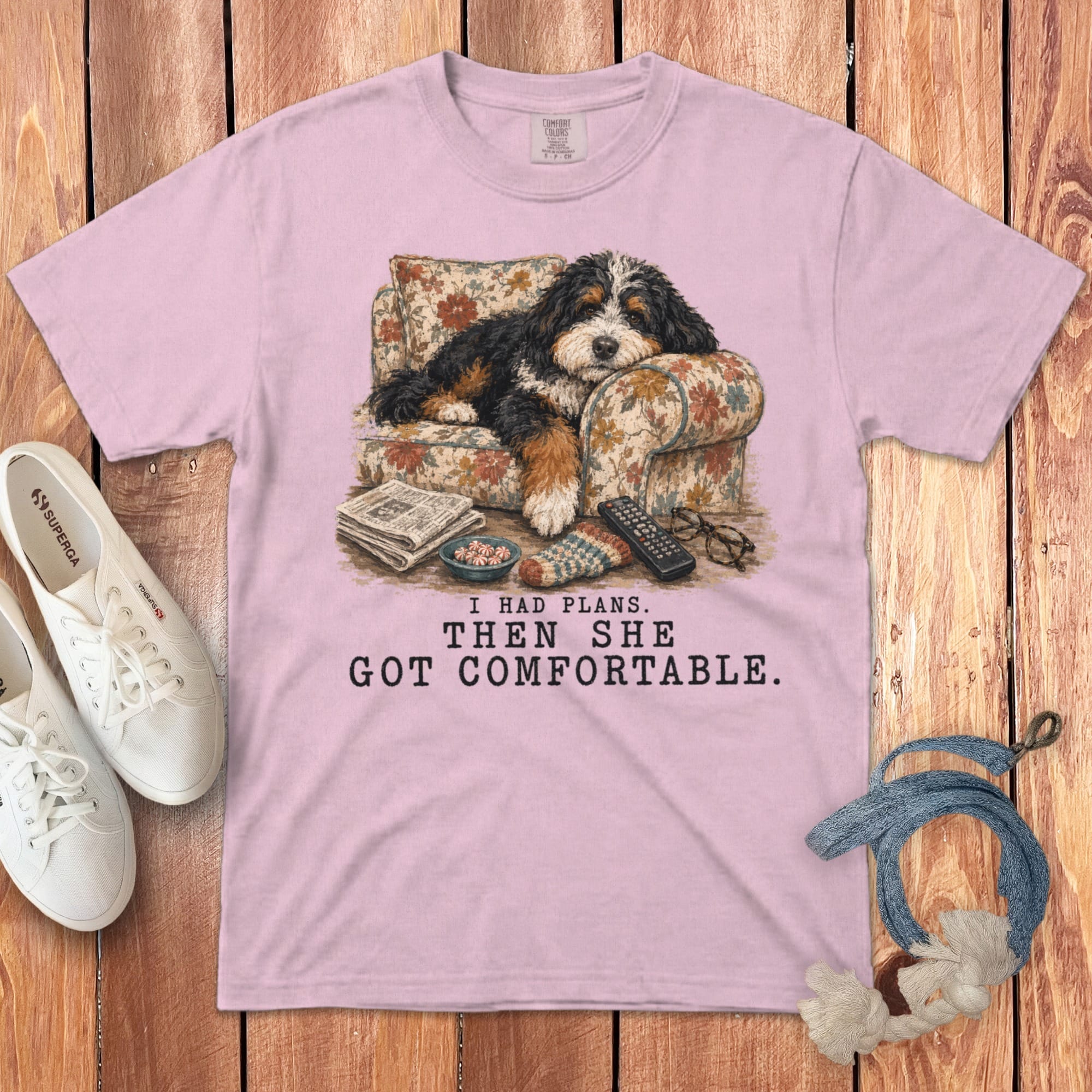 Bernedoodle Got Comfortable Signature T-Shirt in Blossom / S by Puppy Jo