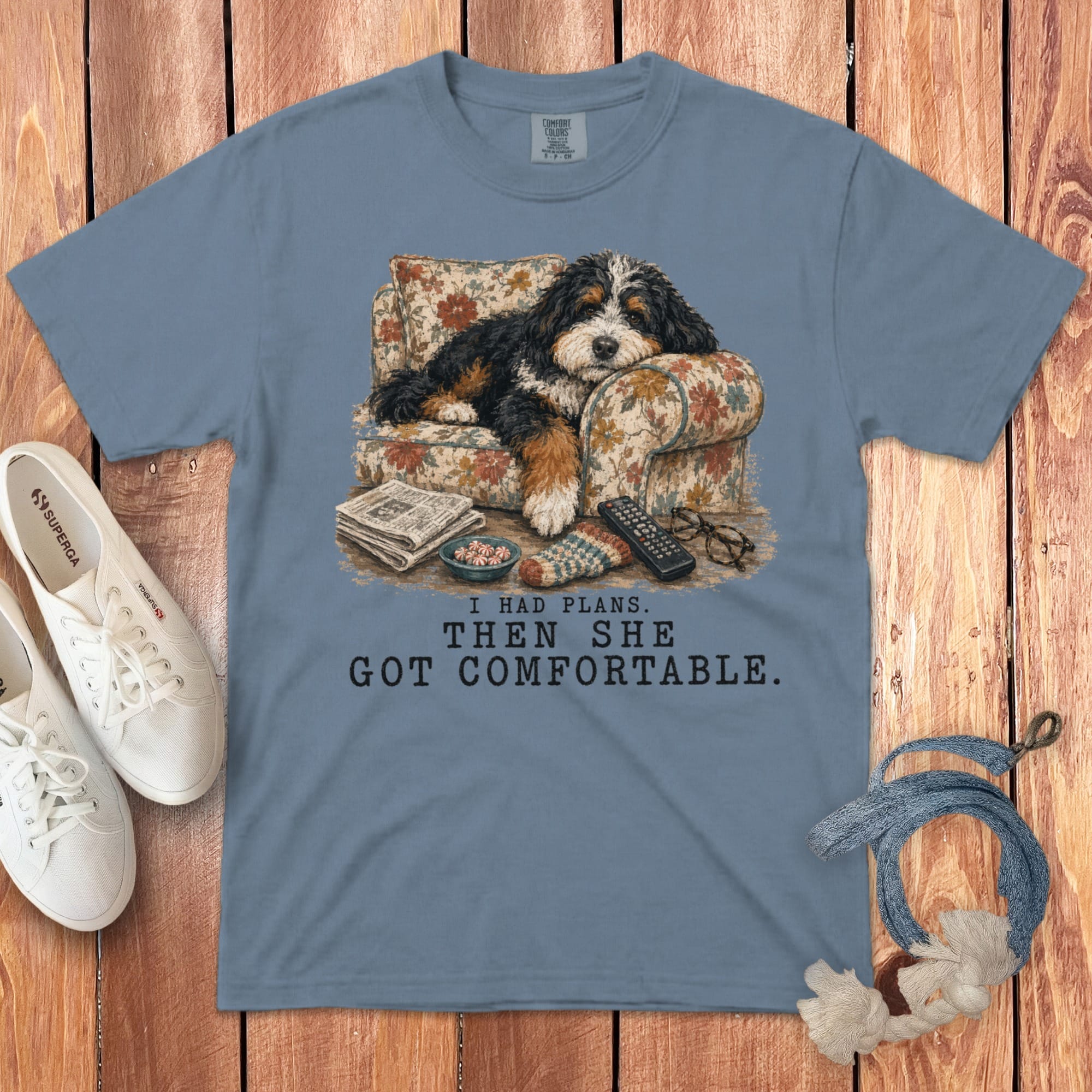 Bernedoodle Got Comfortable Signature T-Shirt in Blue Jean / S by Puppy Jo