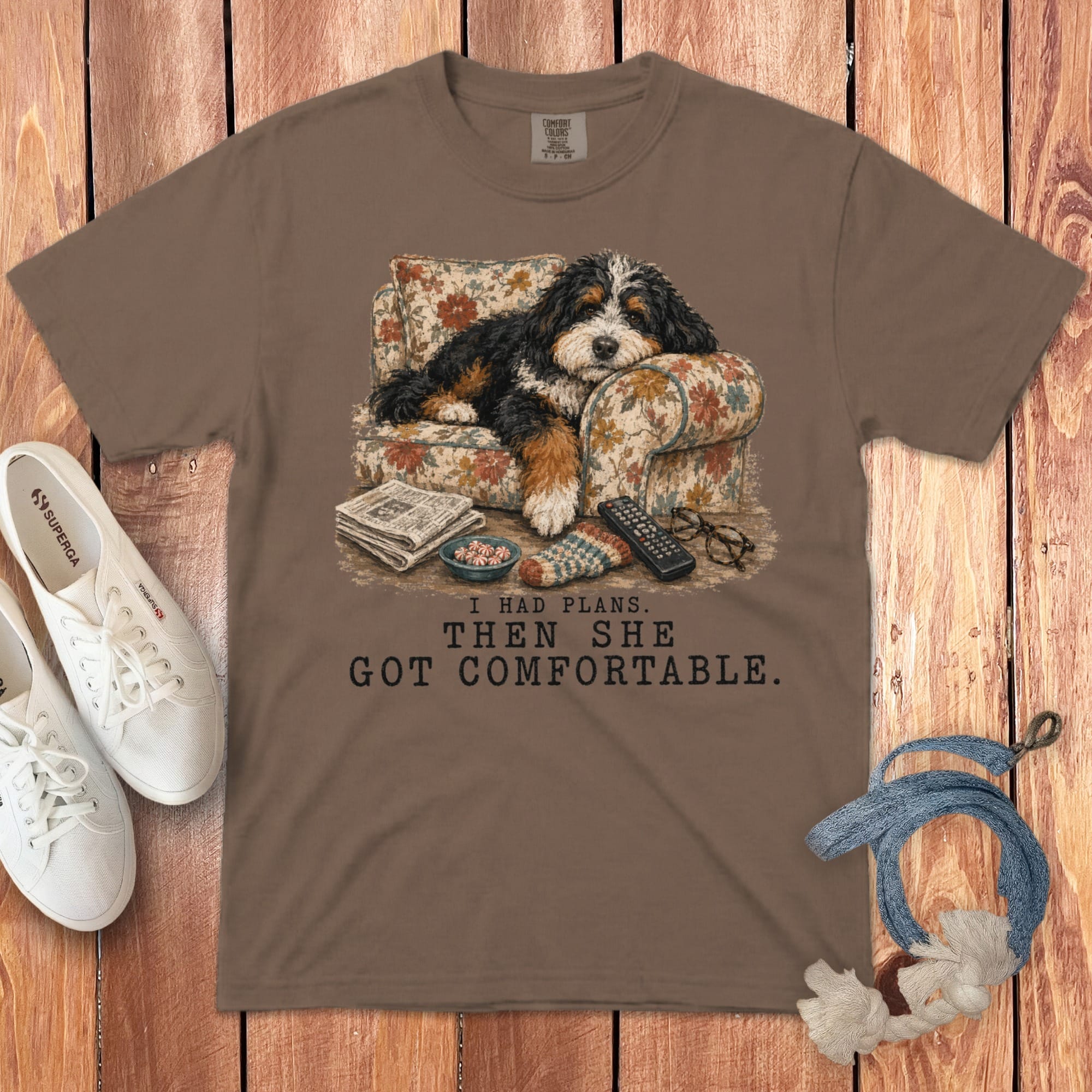 Bernedoodle Got Comfortable Signature T-Shirt in Espresso / S by Puppy Jo
