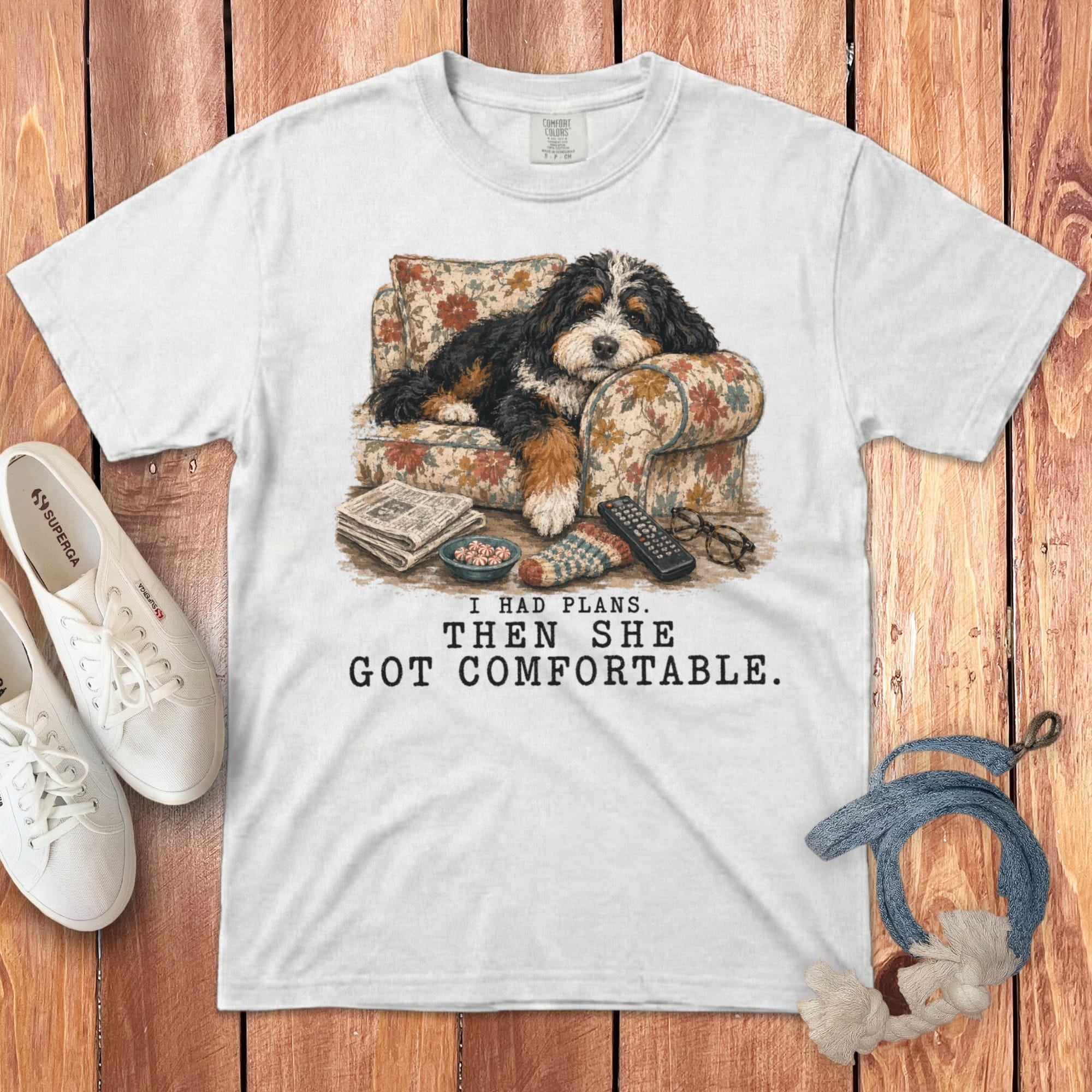 Bernedoodle Got Comfortable Signature T-Shirt in White / S by Puppy Jo