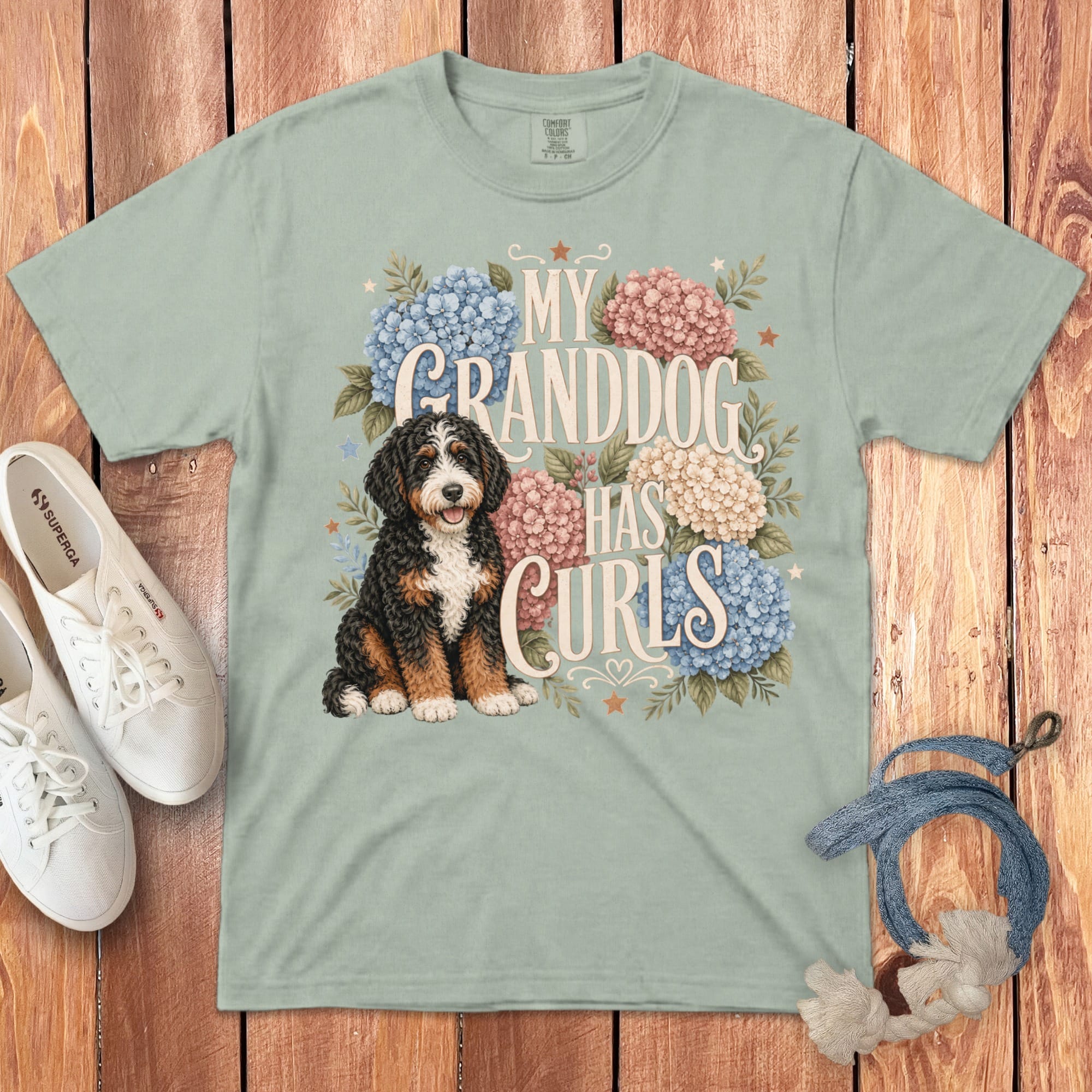 Bernedoodle Grandog Has Curls Signature T-Shirt in Bay / S by Puppy Jo