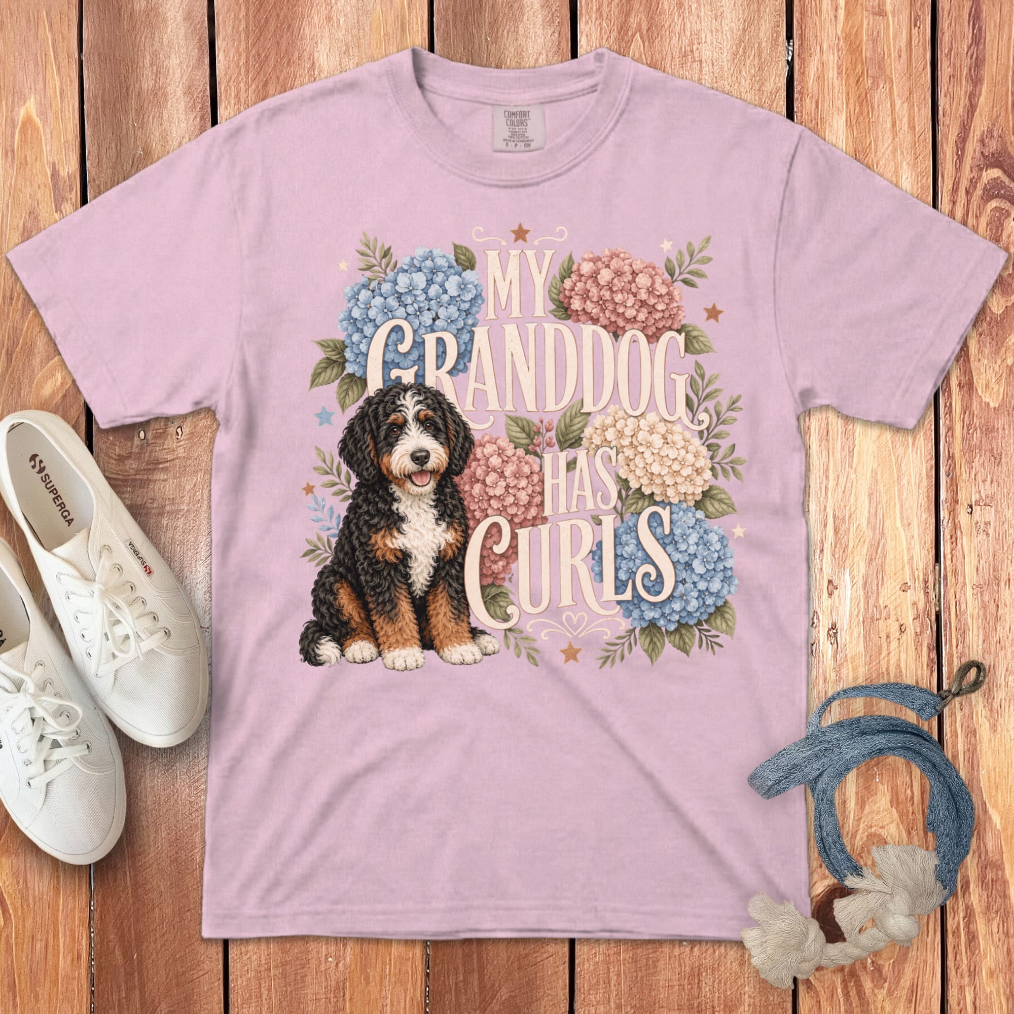 Bernedoodle Grandog Has Curls Signature T-Shirt in Blossom / S by Puppy Jo