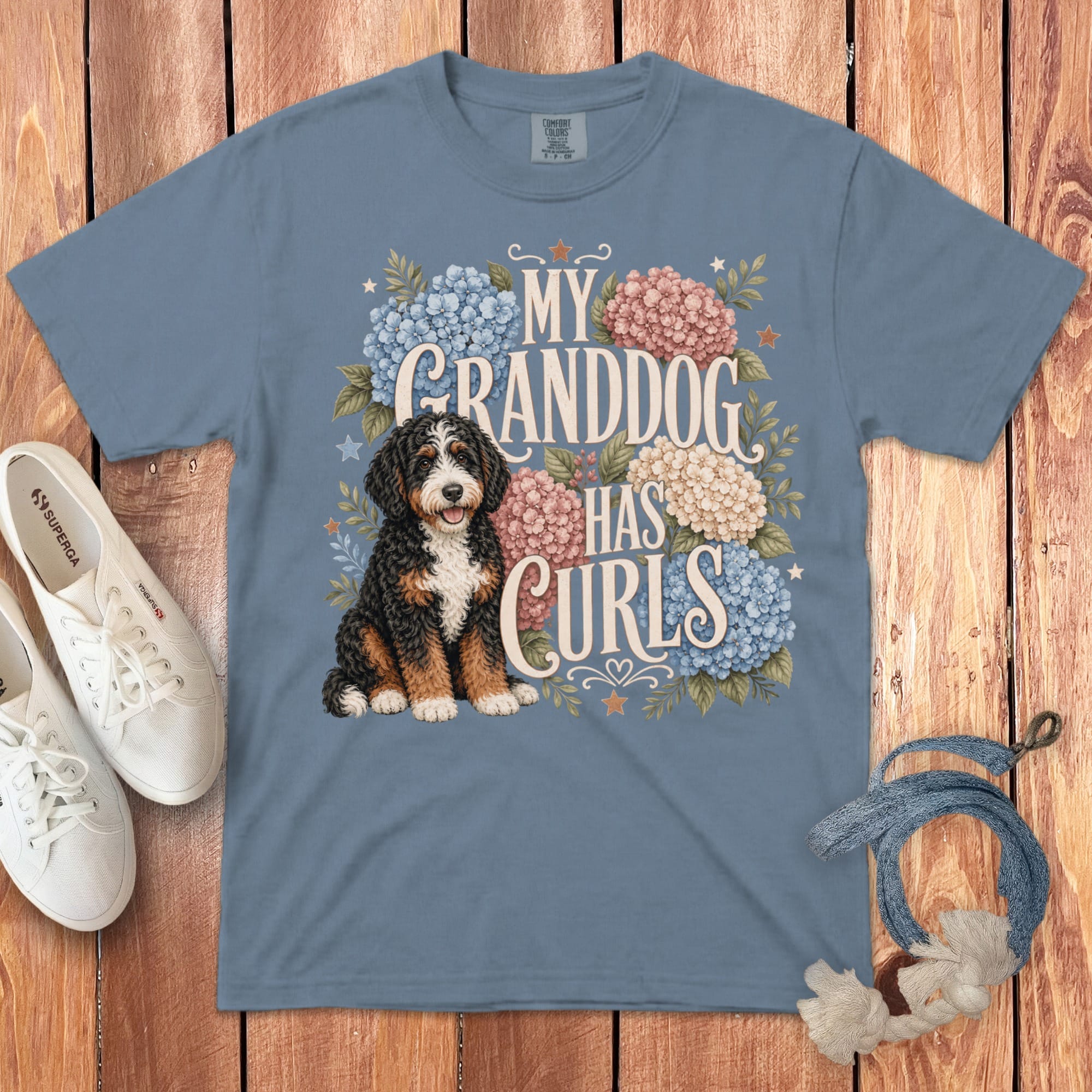 Bernedoodle Grandog Has Curls Signature T-Shirt in Blue Jean / S by Puppy Jo