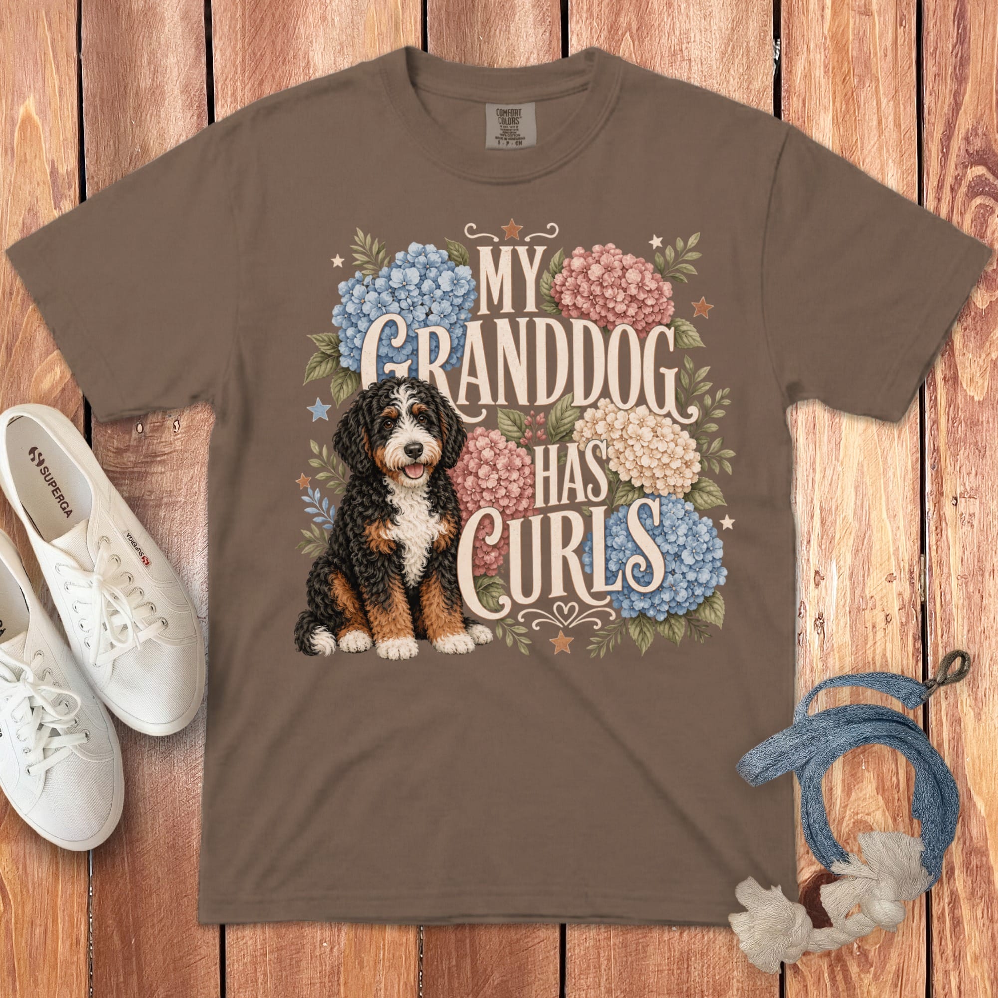 Bernedoodle Grandog Has Curls Signature T-Shirt in Espresso / S by Puppy Jo