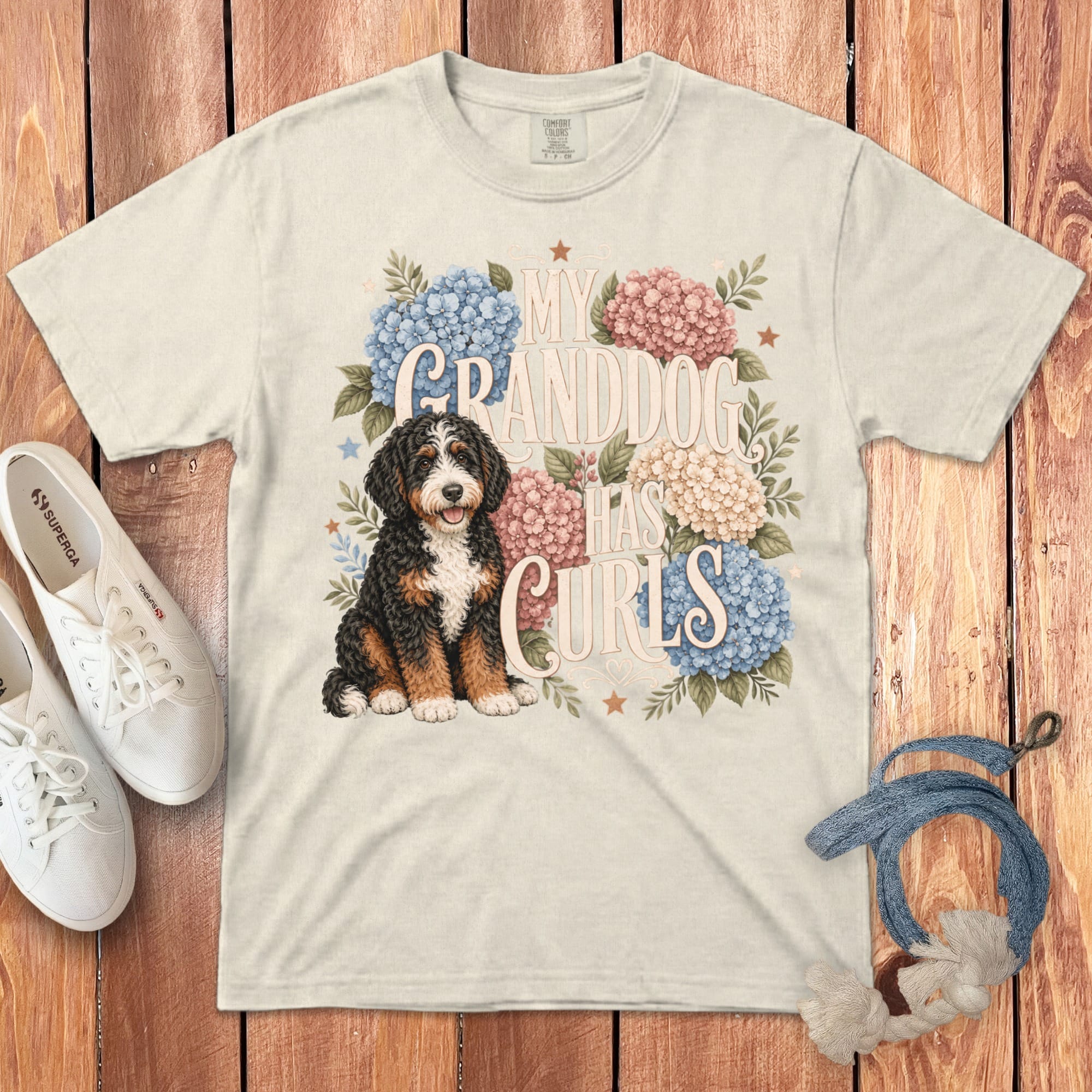 Bernedoodle Grandog Has Curls Signature T-Shirt in Ivory / S by Puppy Jo