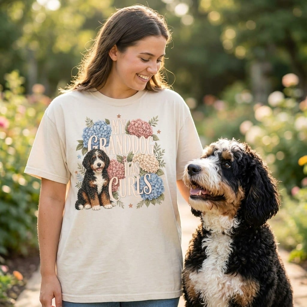 Bernedoodle Grandog Has Curls Signature T-Shirt in by Puppy Jo