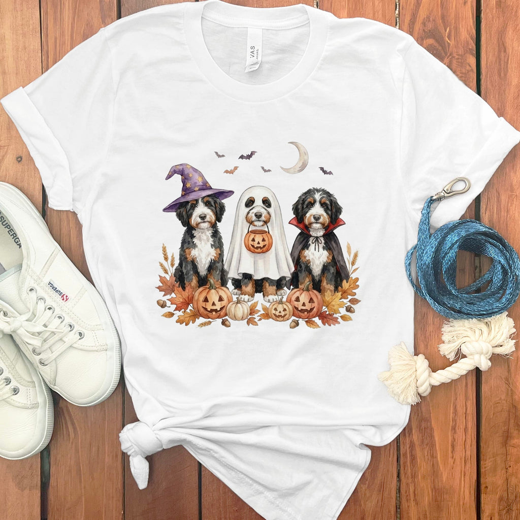 Bernedoodle Halloween Crew T-Shirt in White / S by Puppy Jo