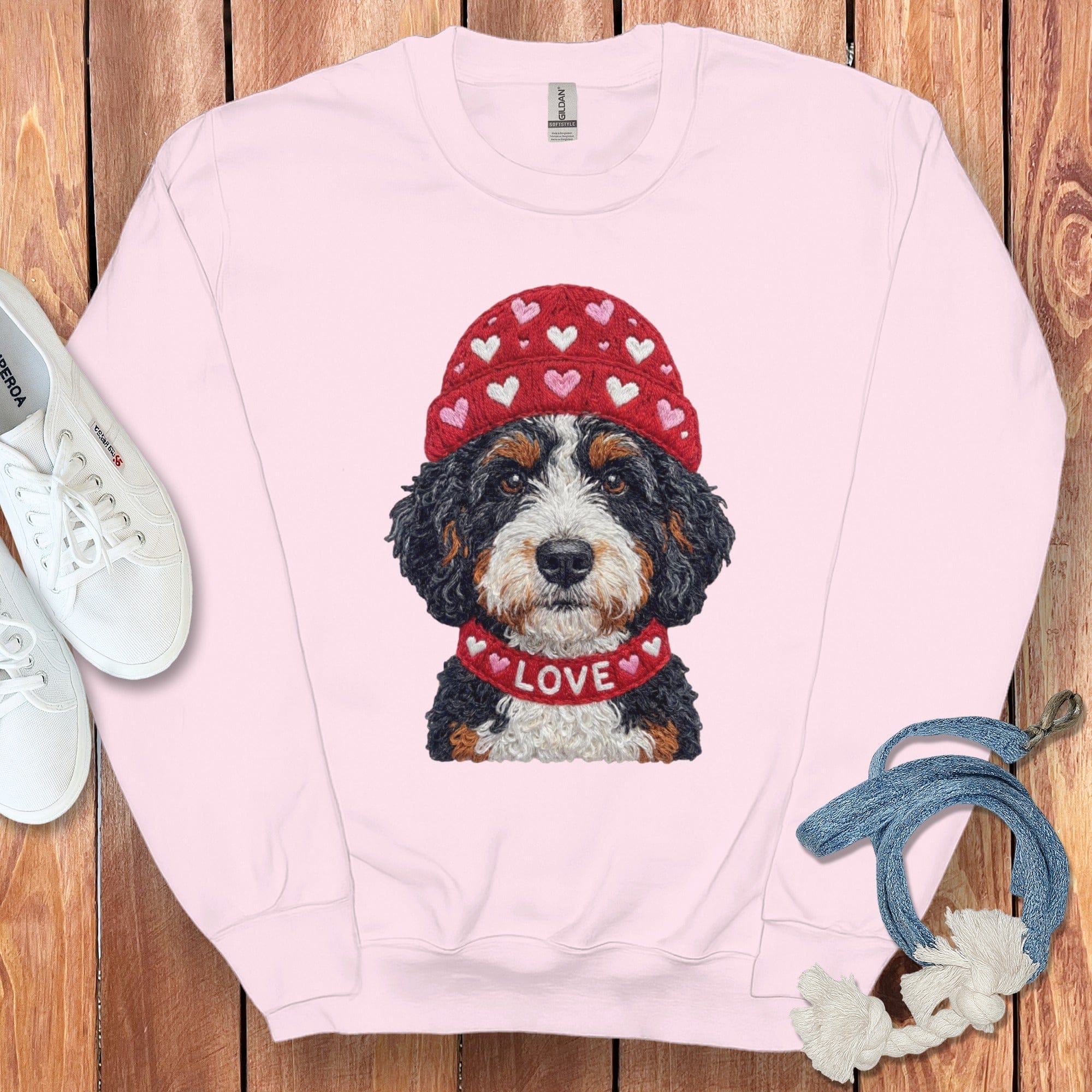 Bernedoodle Heart Cap Sweatshirt in Light Pink / S by Puppy Jo