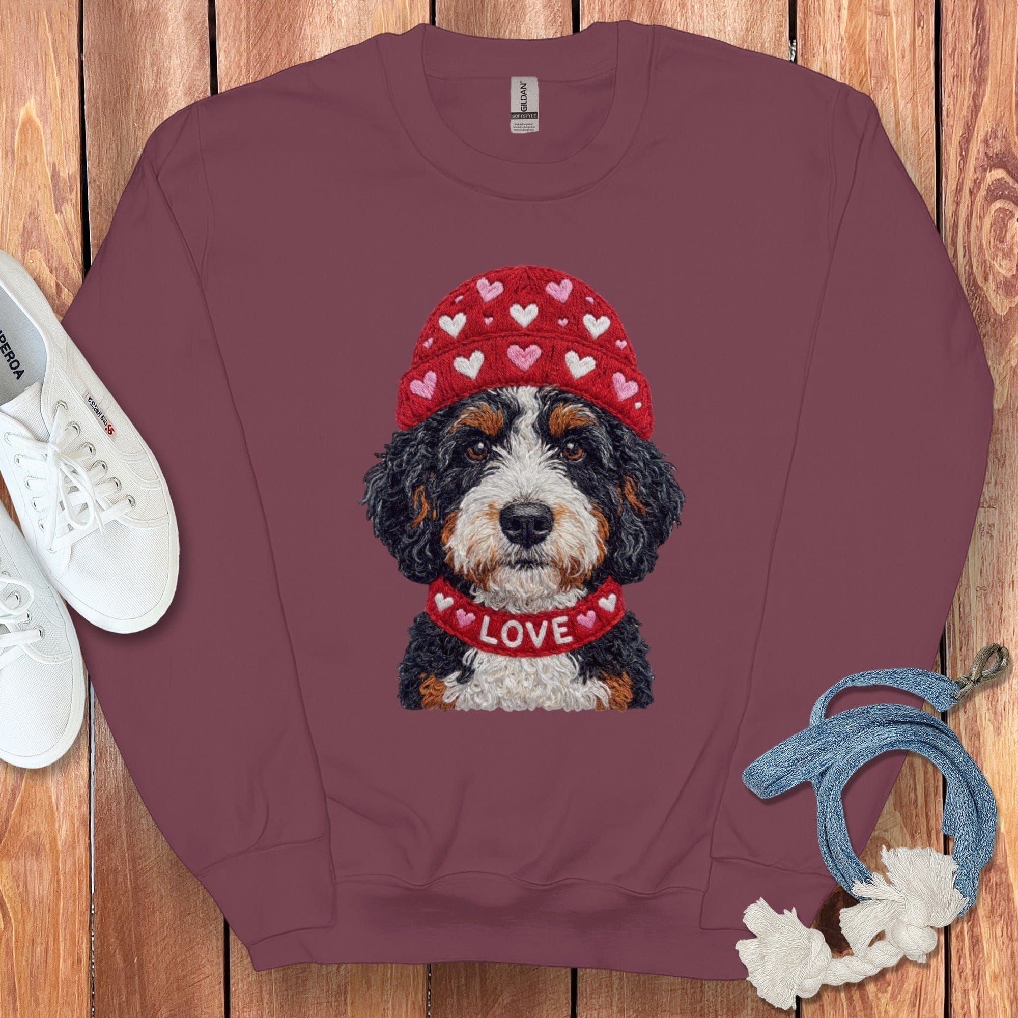 Bernedoodle Heart Cap Sweatshirt in Maroon / S by Puppy Jo