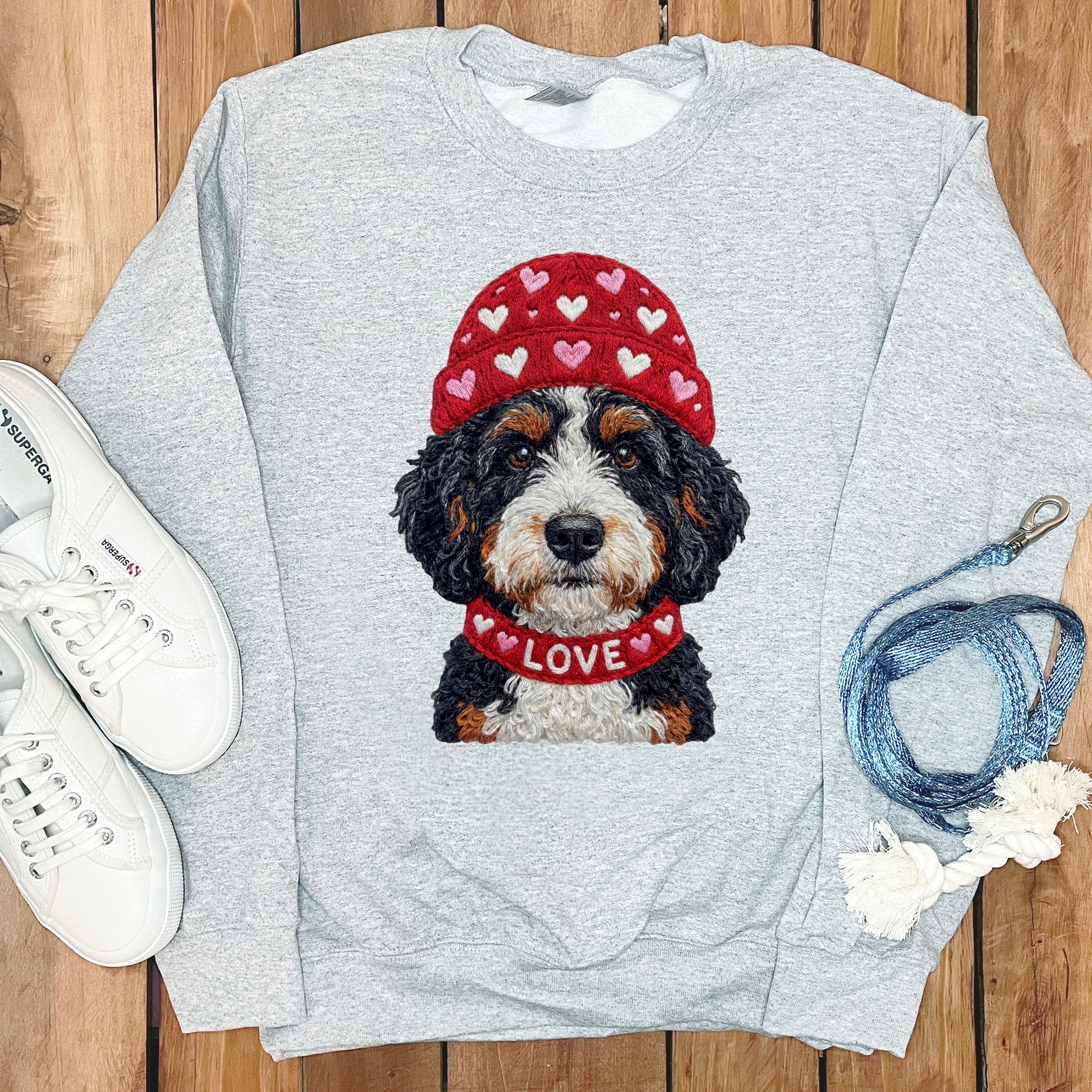 Bernedoodle Heart Cap Sweatshirt in Sport Grey / S by Puppy Jo
