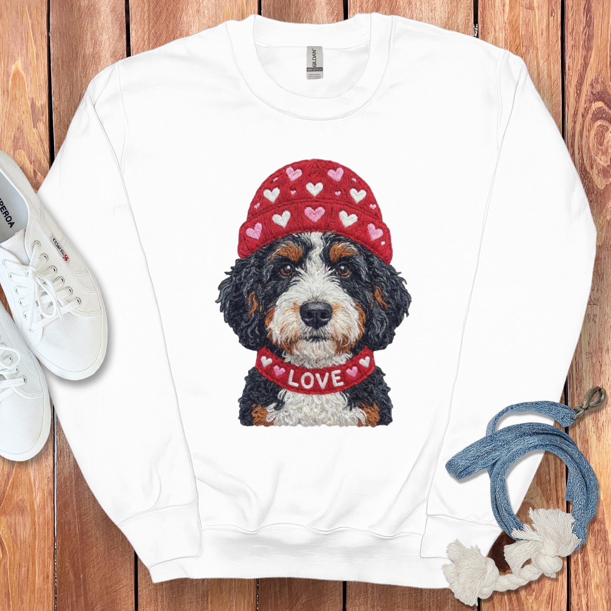 Bernedoodle Heart Cap Sweatshirt in White / S by Puppy Jo
