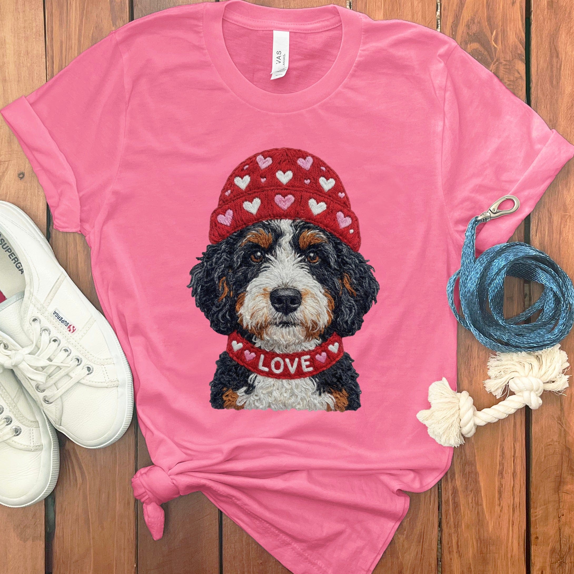 Bernedoodle Heart Cap T-Shirt in Charity Pink / S by Puppy Jo