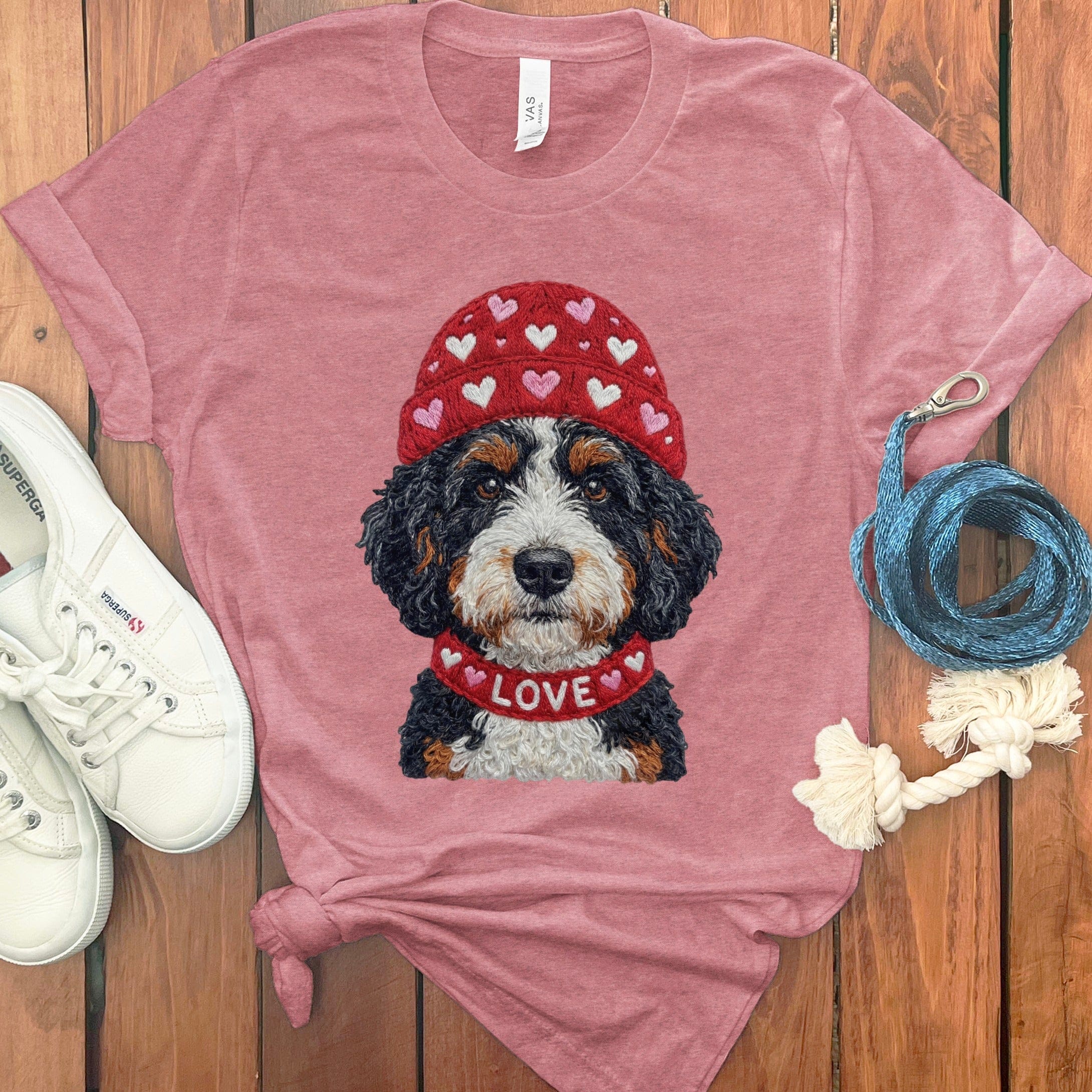 Bernedoodle Heart Cap T-Shirt in Heather Mauve / S by Puppy Jo