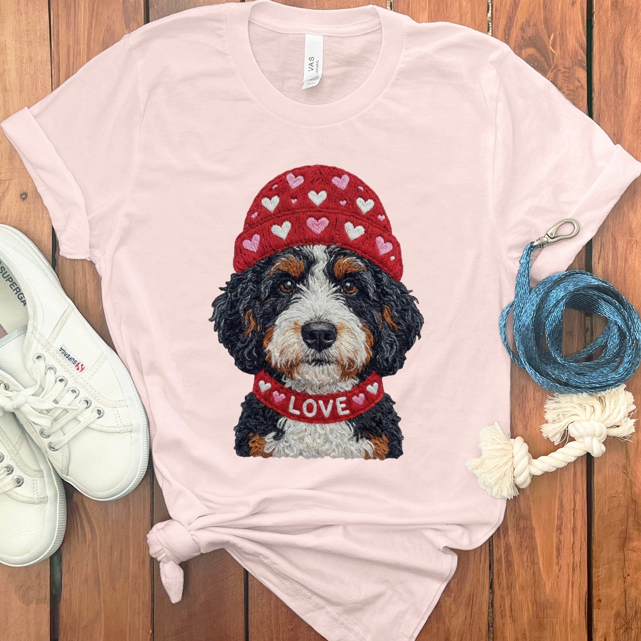 Bernedoodle Heart Cap T-Shirt in Soft Pink / S by Puppy Jo