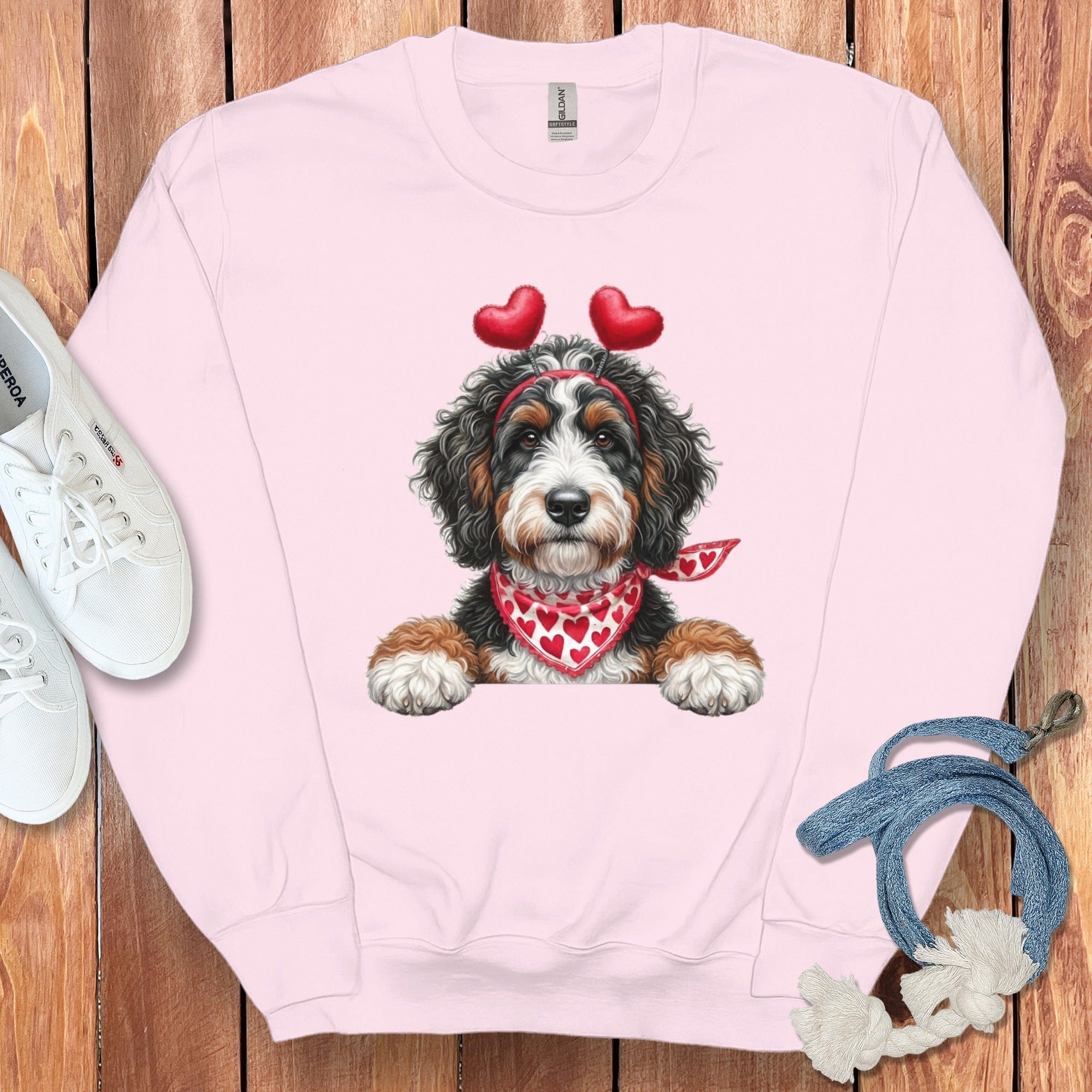 Bernedoodle Heart Ears Sweatshirt in Light Pink / S by Puppy Jo