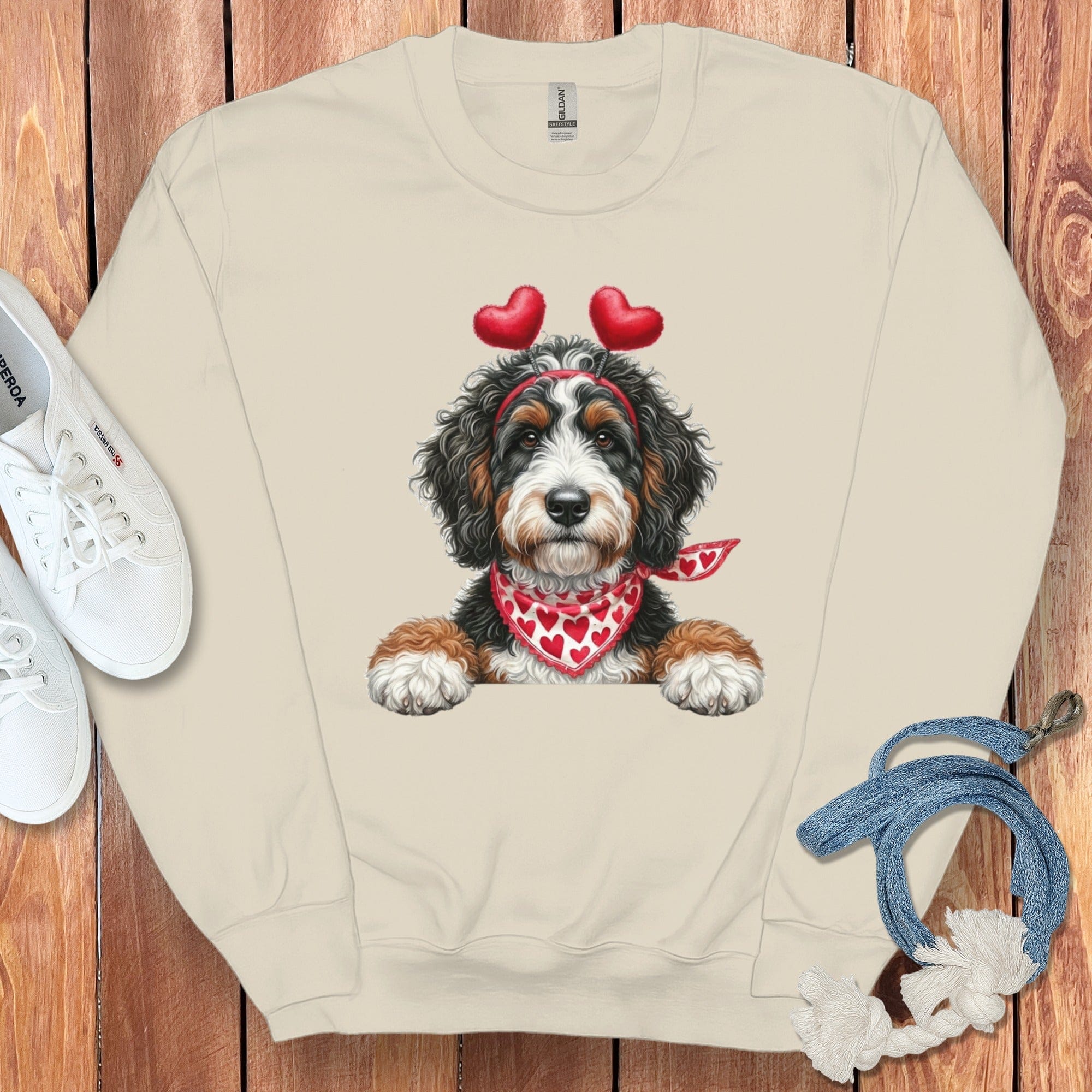 Bernedoodle Heart Ears Sweatshirt in Sand / S by Puppy Jo