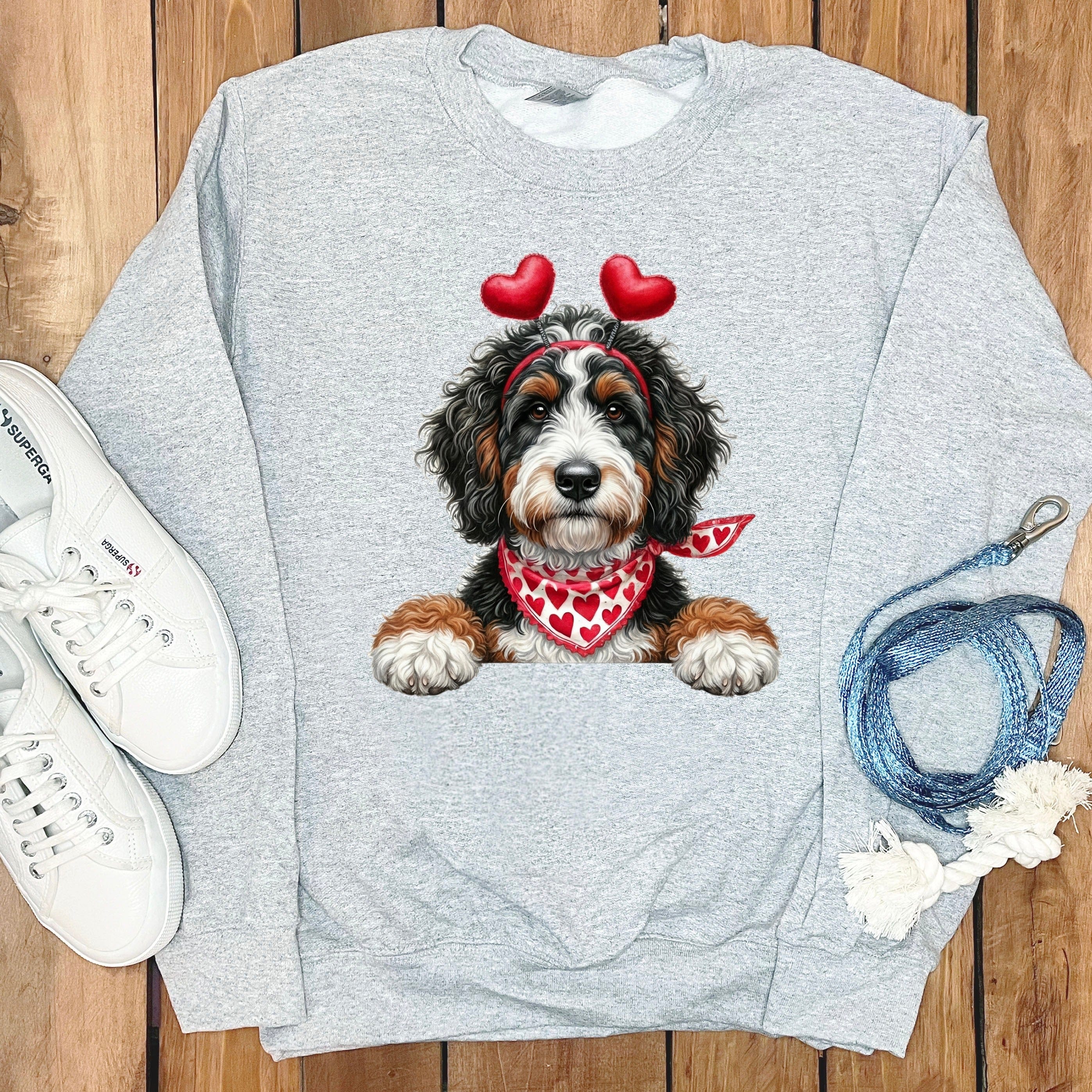 Bernedoodle Heart Ears Sweatshirt in Sport Grey / S by Puppy Jo