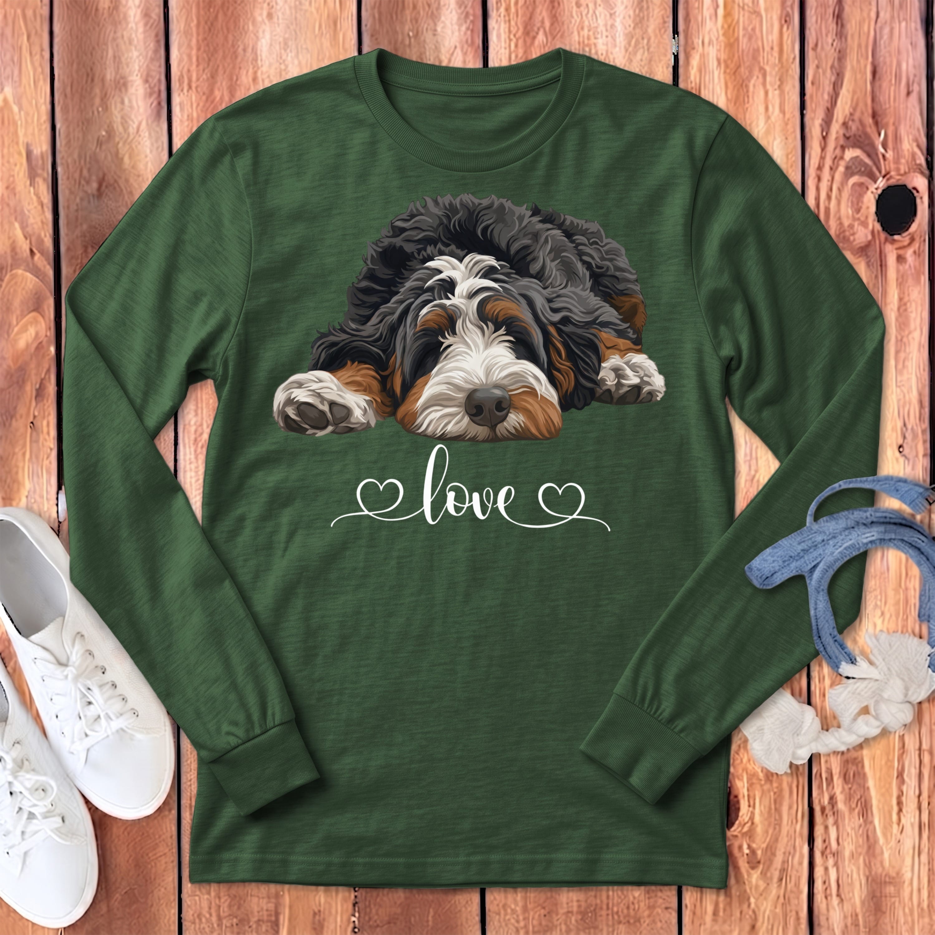 Bernedoodle Heart Long Sleeve T-Shirt in Heather Forest / S by Puppy Jo