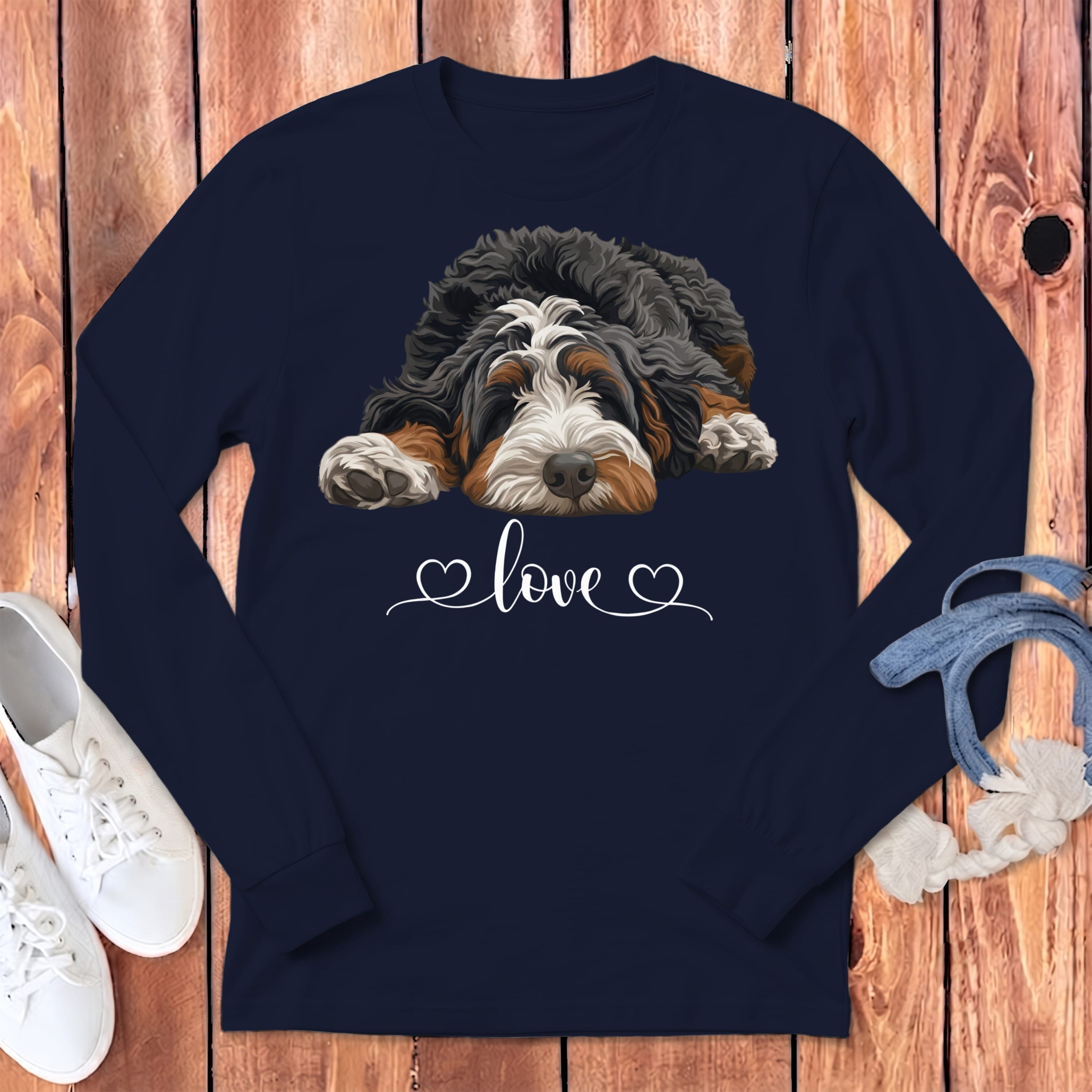 Bernedoodle Heart Long Sleeve T-Shirt in Navy / S by Puppy Jo