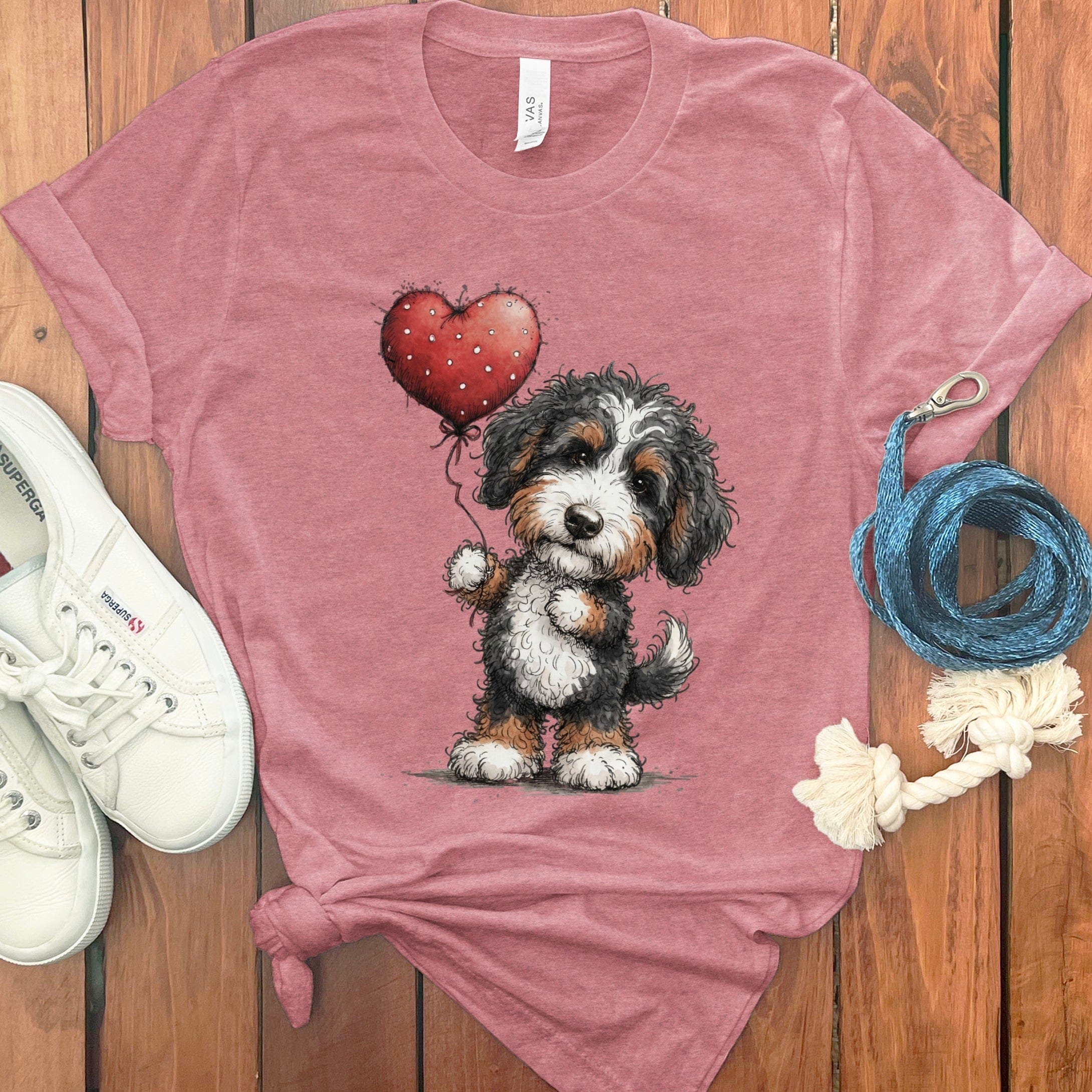 Bernedoodle Heart T-Shirt in Heather Mauve / S by Puppy Jo